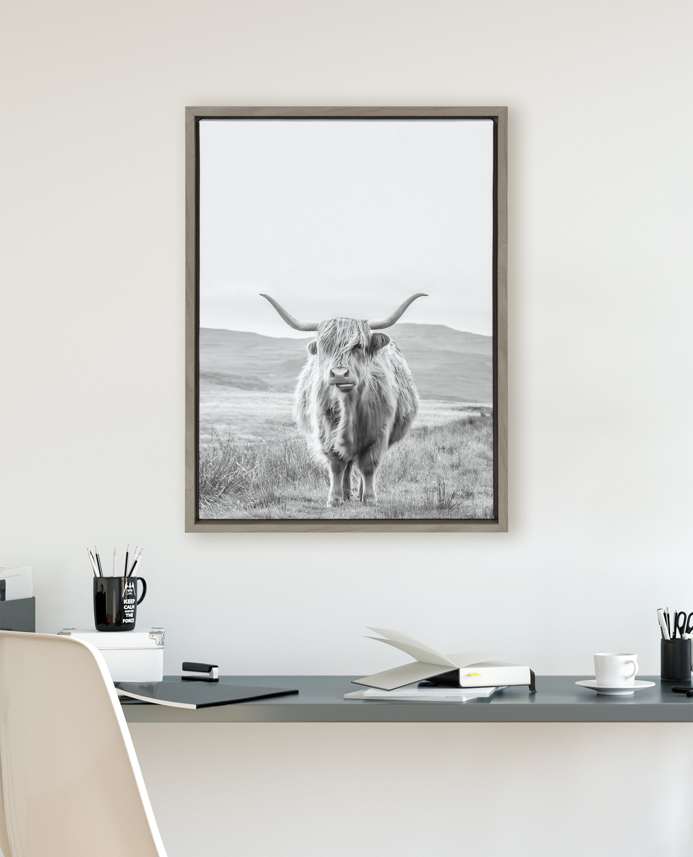 Sylvie Highland Cow Mountain Landscape Black and White Framed Canvas by