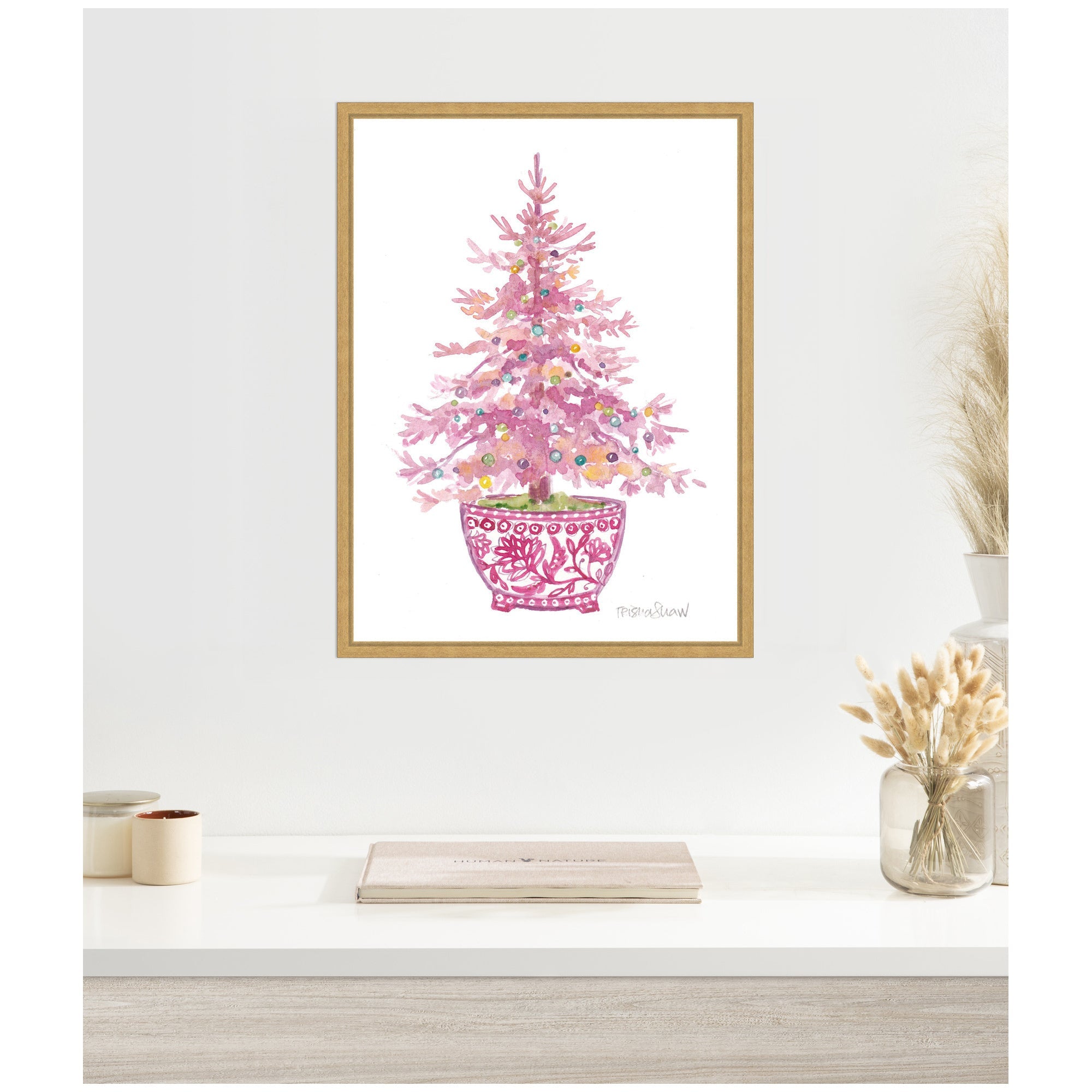 Sylvie Framed Canvas Pink Christmas Tree by Patricia Shaw
