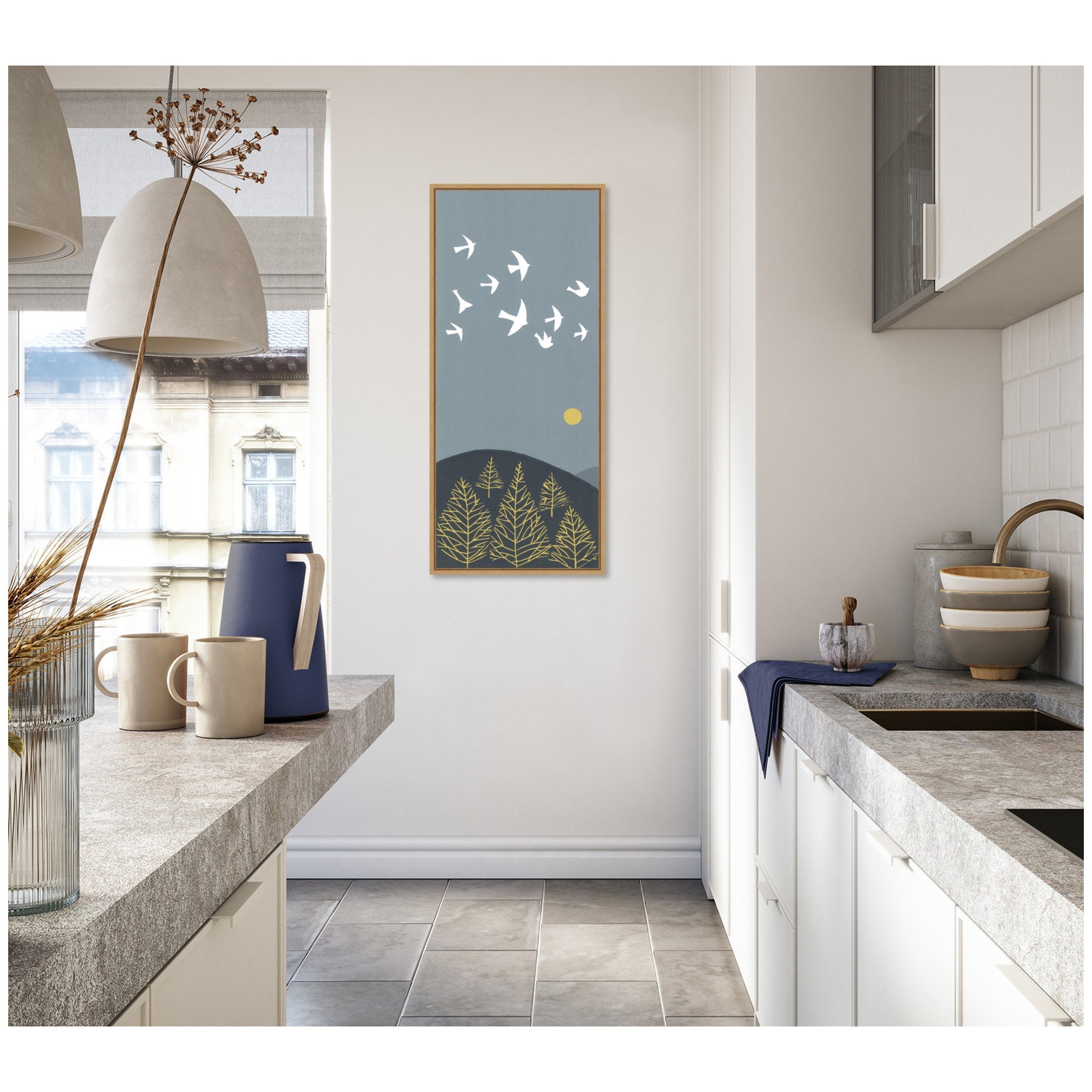 Sylvie Hilltop Flight Linocut Bird Framed Canvas by Giuliana Lazzerini