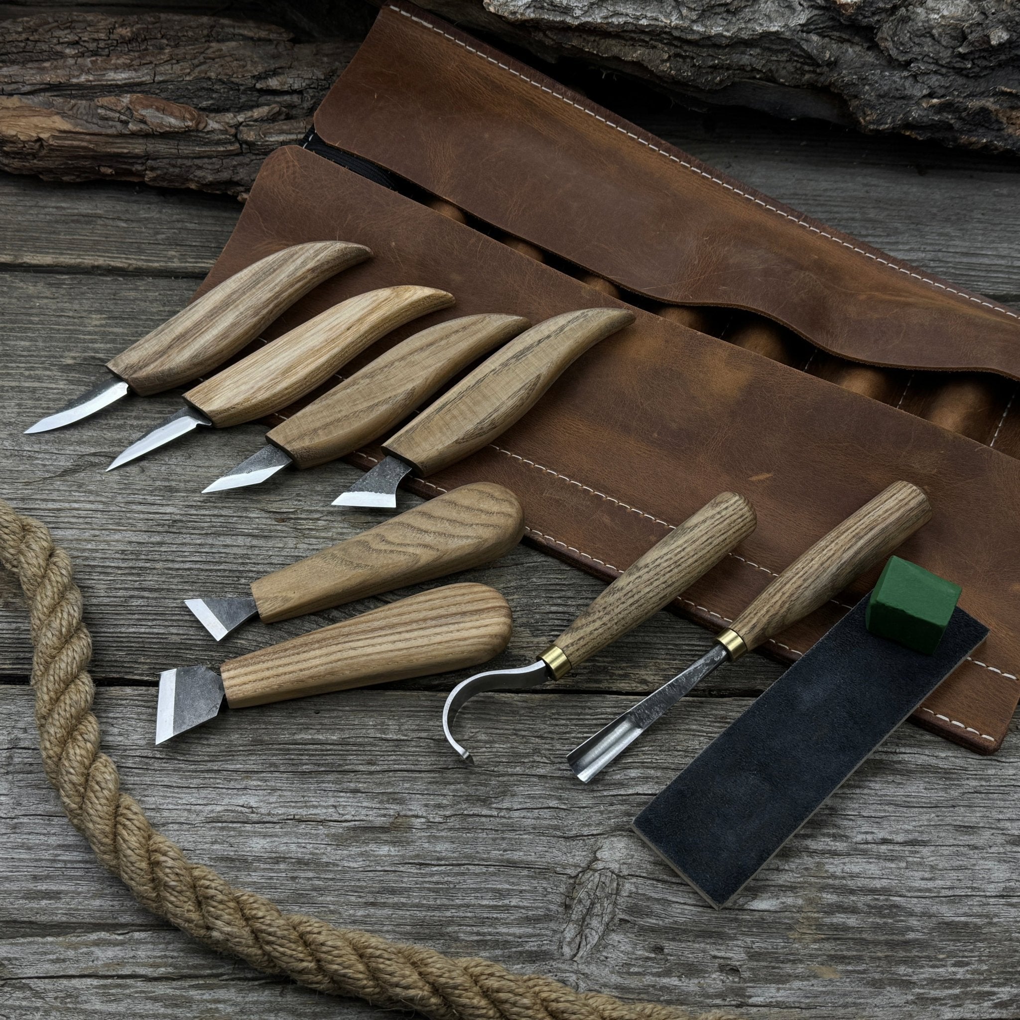 9-piece spoon carving tool set with sharpening board and leather case by Sharky Forged Steel Tools