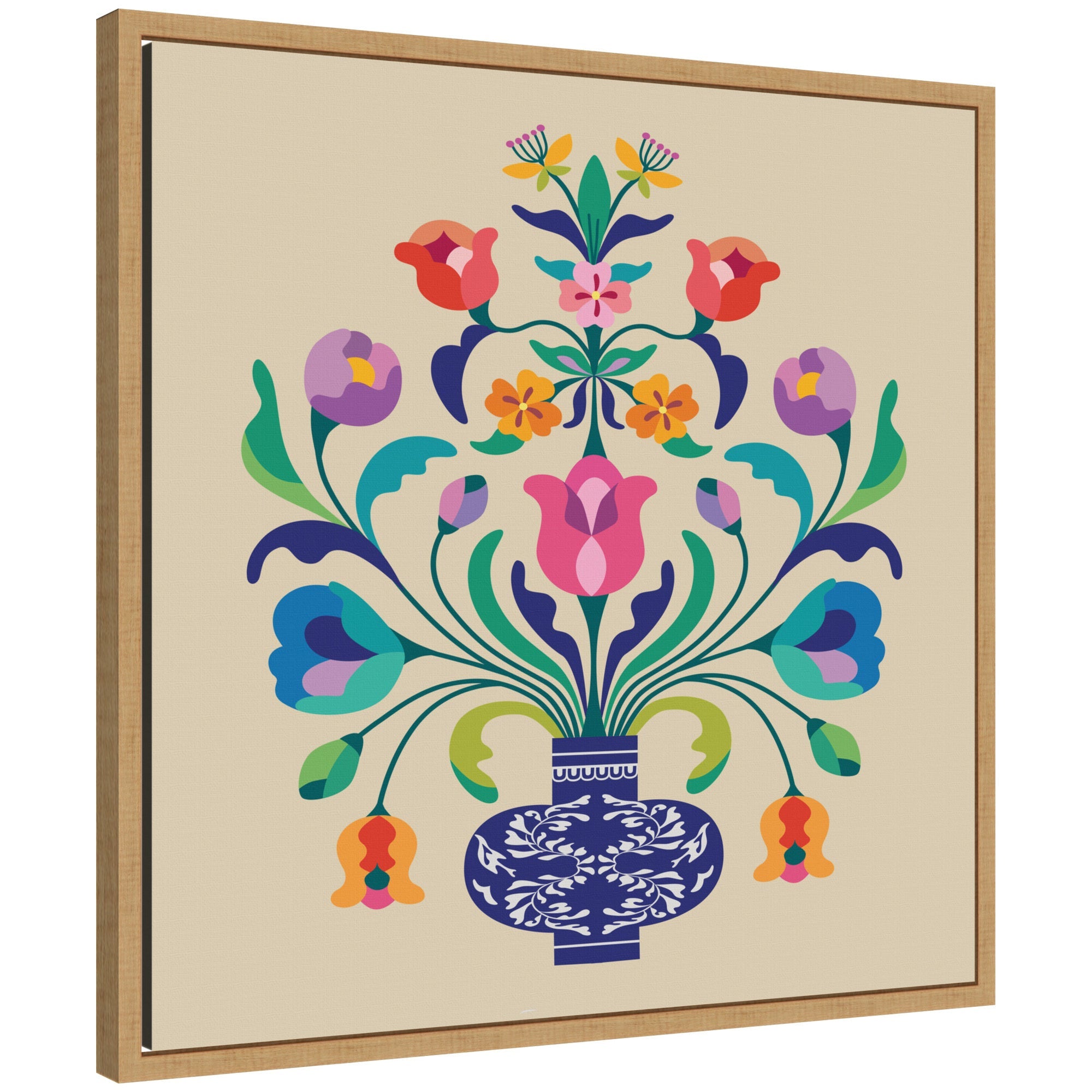 Framed canvas print depicting a floral arrangement in a blue vase by Rachel Lee