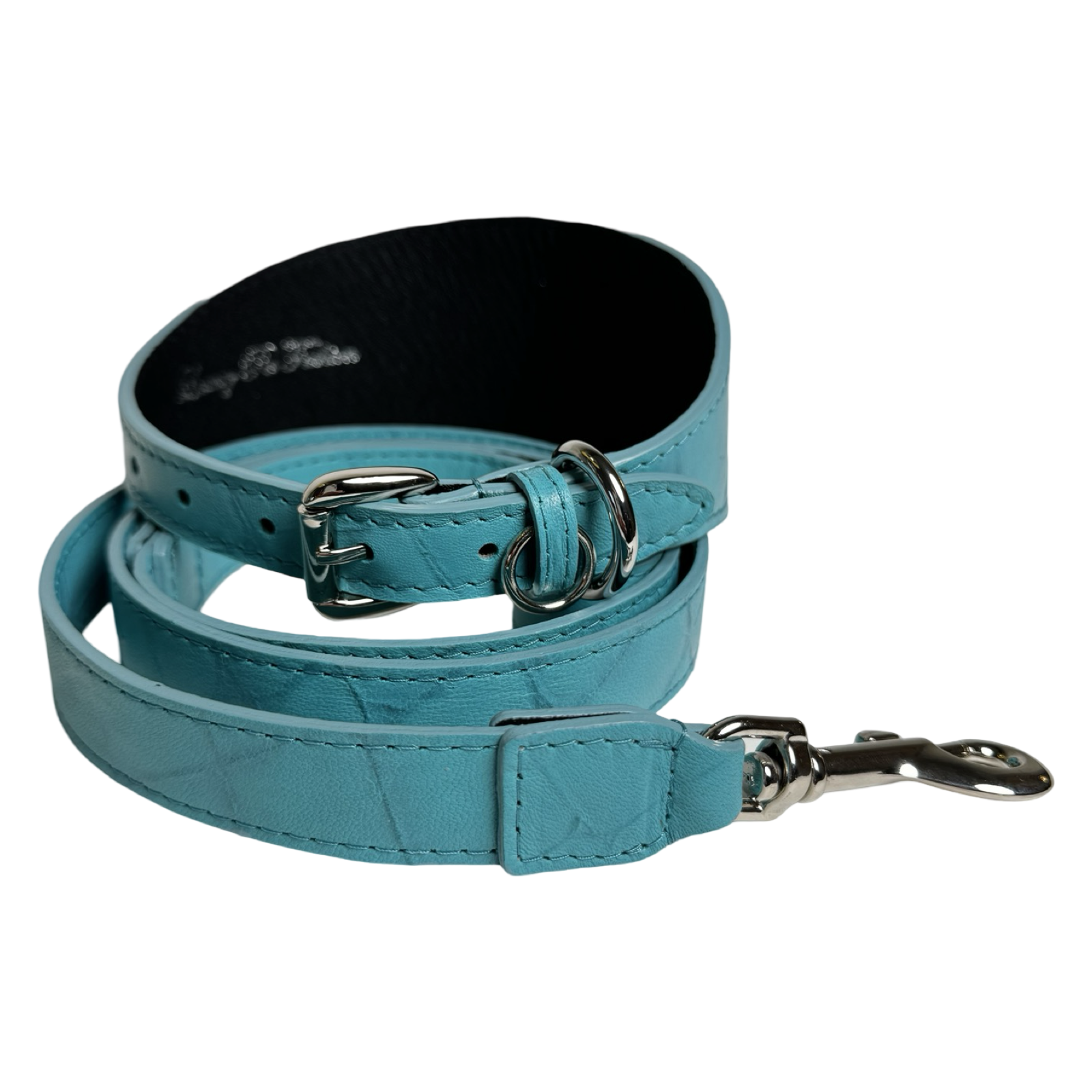 The Tiffany Collection Turquoise Blue Embossed Croc Italian Leather 3” Wide Collar with Silver Hardware