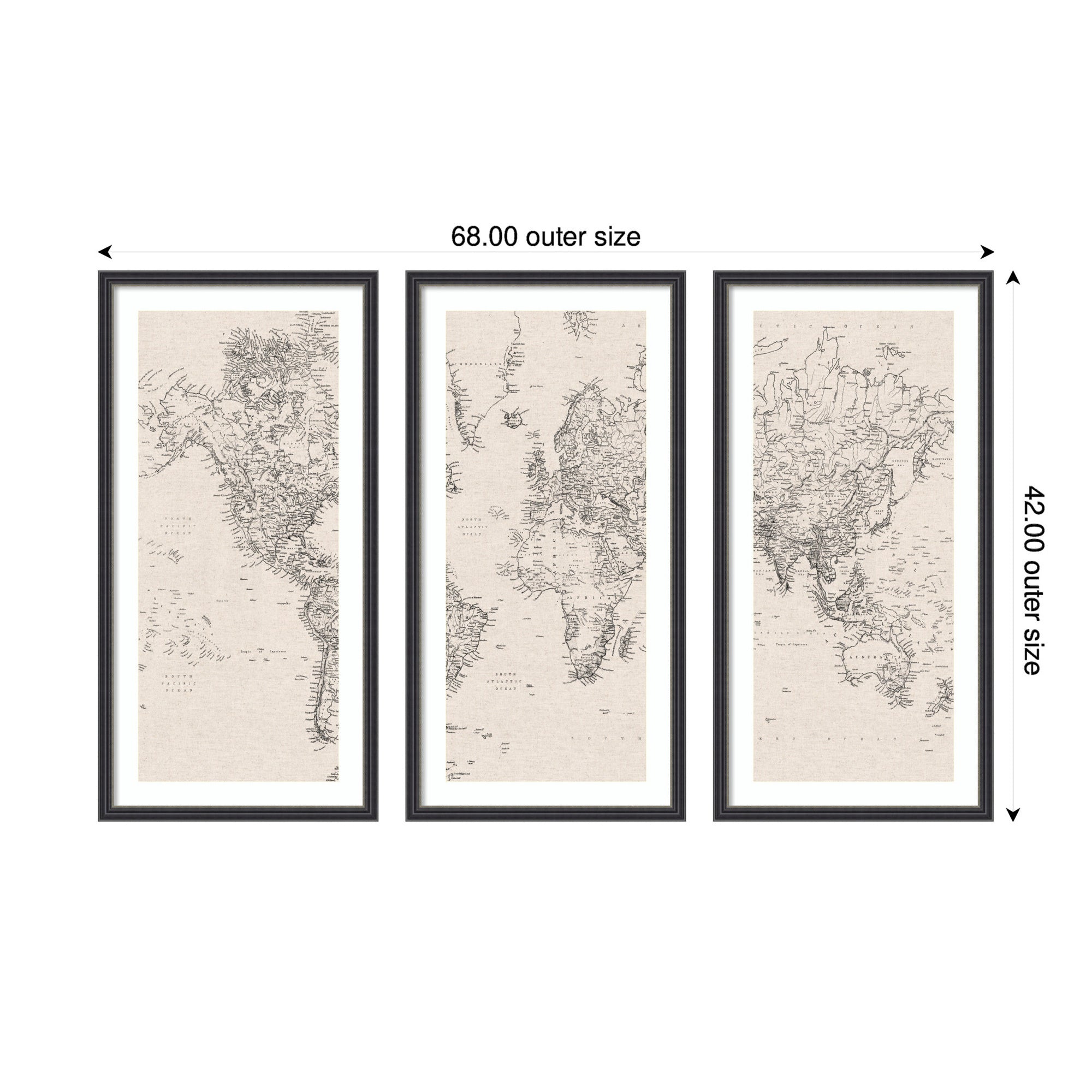 Vintage Black and White World Map Linen 3 Piece Framed Wall Art Print Set by The Creative Bunch Studio