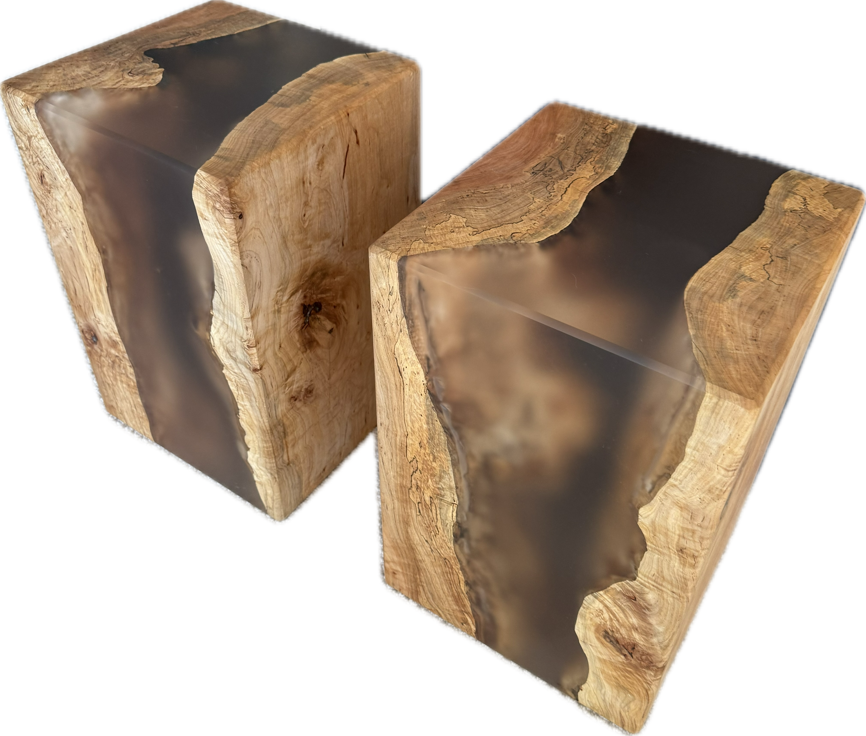 Two wooden side tables with a natural maple finish and epoxy accents on a white background