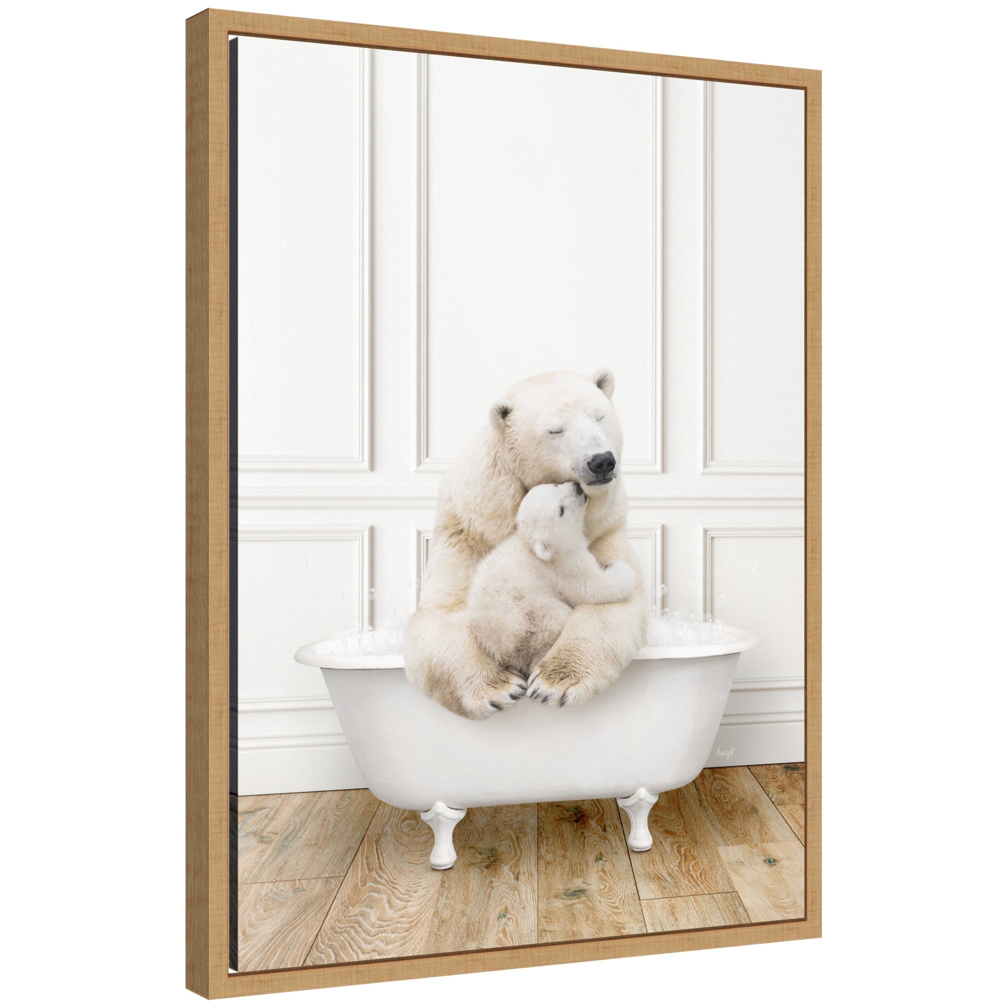 Framed canvas of mother and baby polar bear in a traditional vintage bathtub