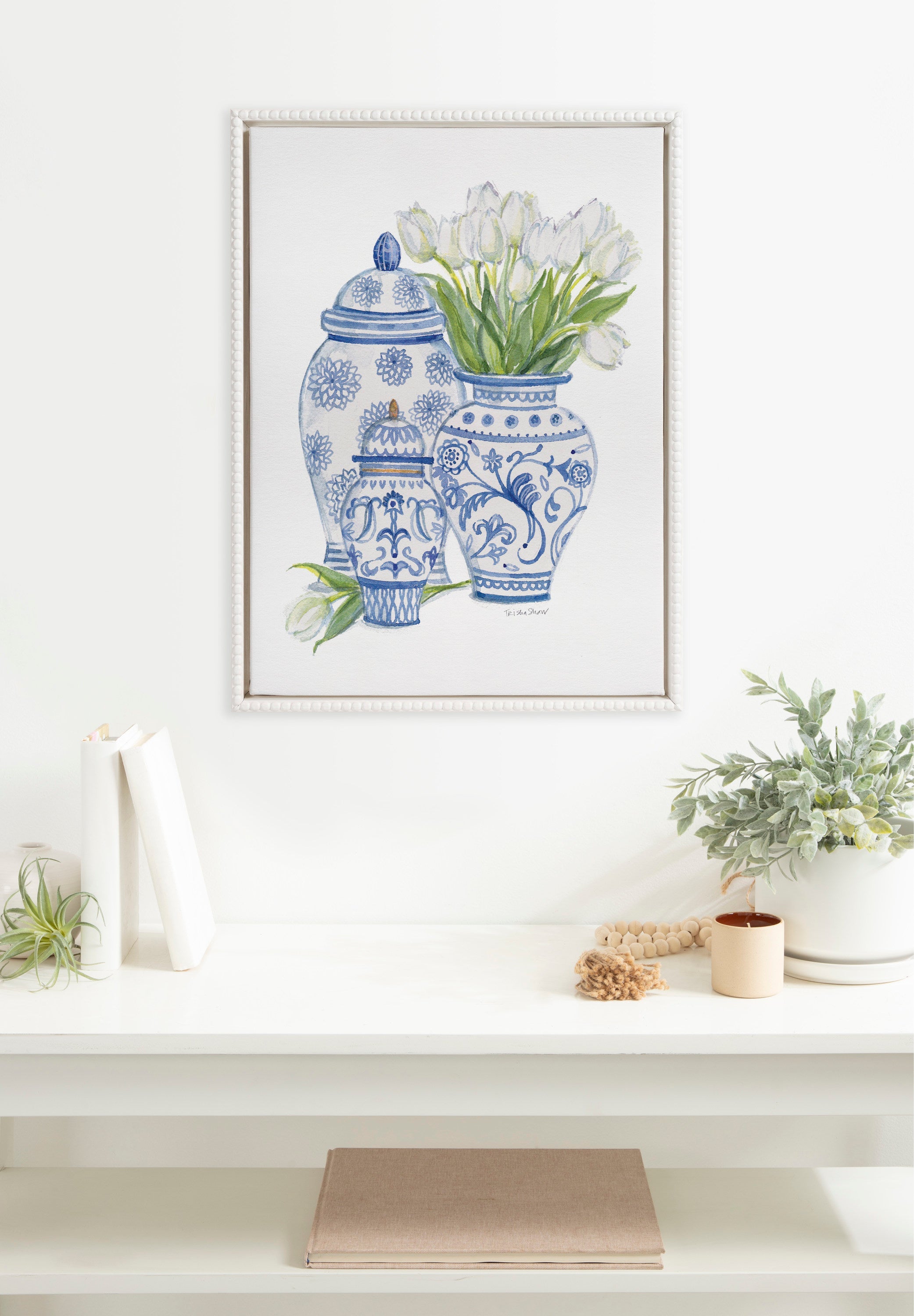 Sylvie Beaded Chinoiserie Jars with White Tulips Framed Canvas by Patricia Shaw