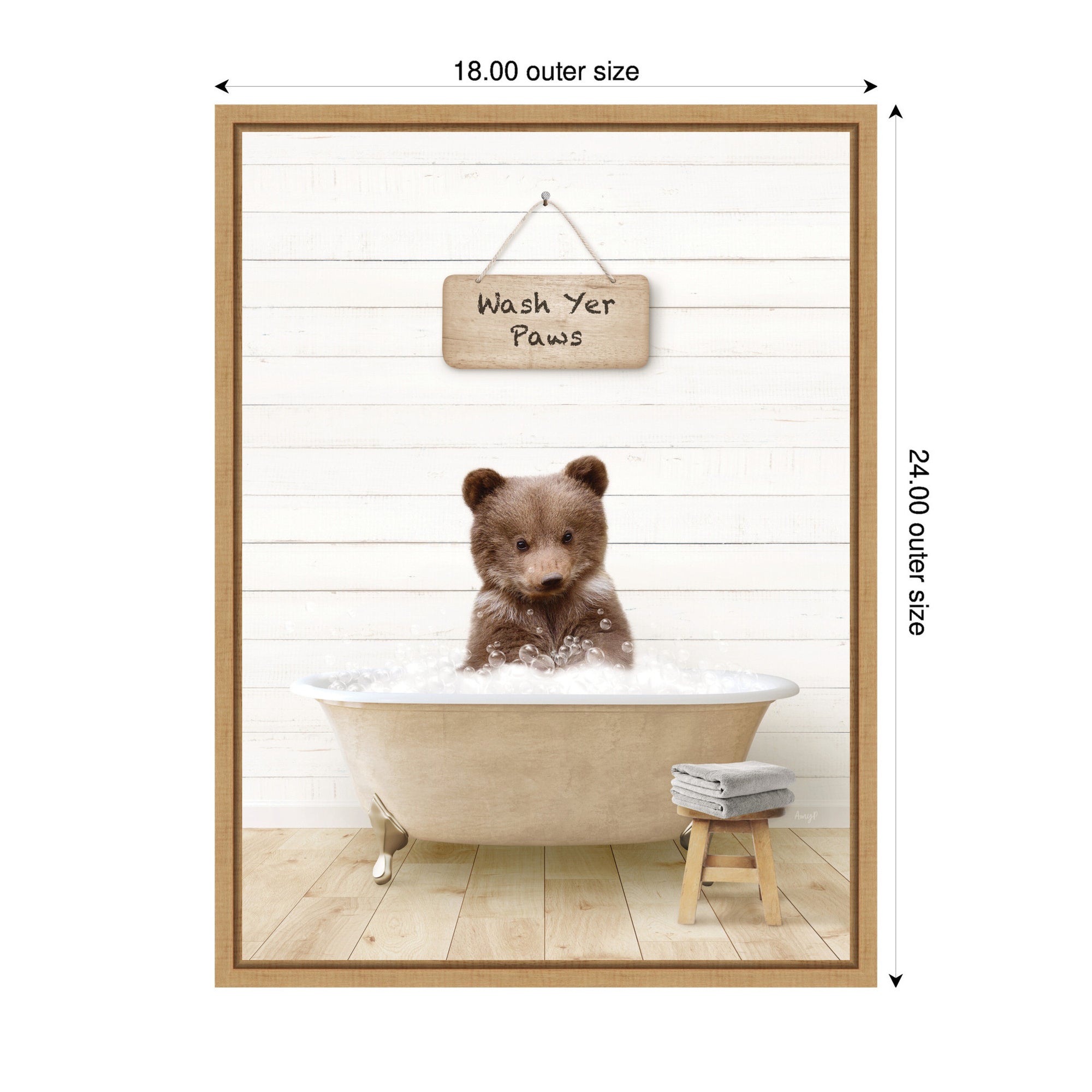 Sylvie Bear Cub in Modern Bathtub Wash Your Paws Framed Canvas