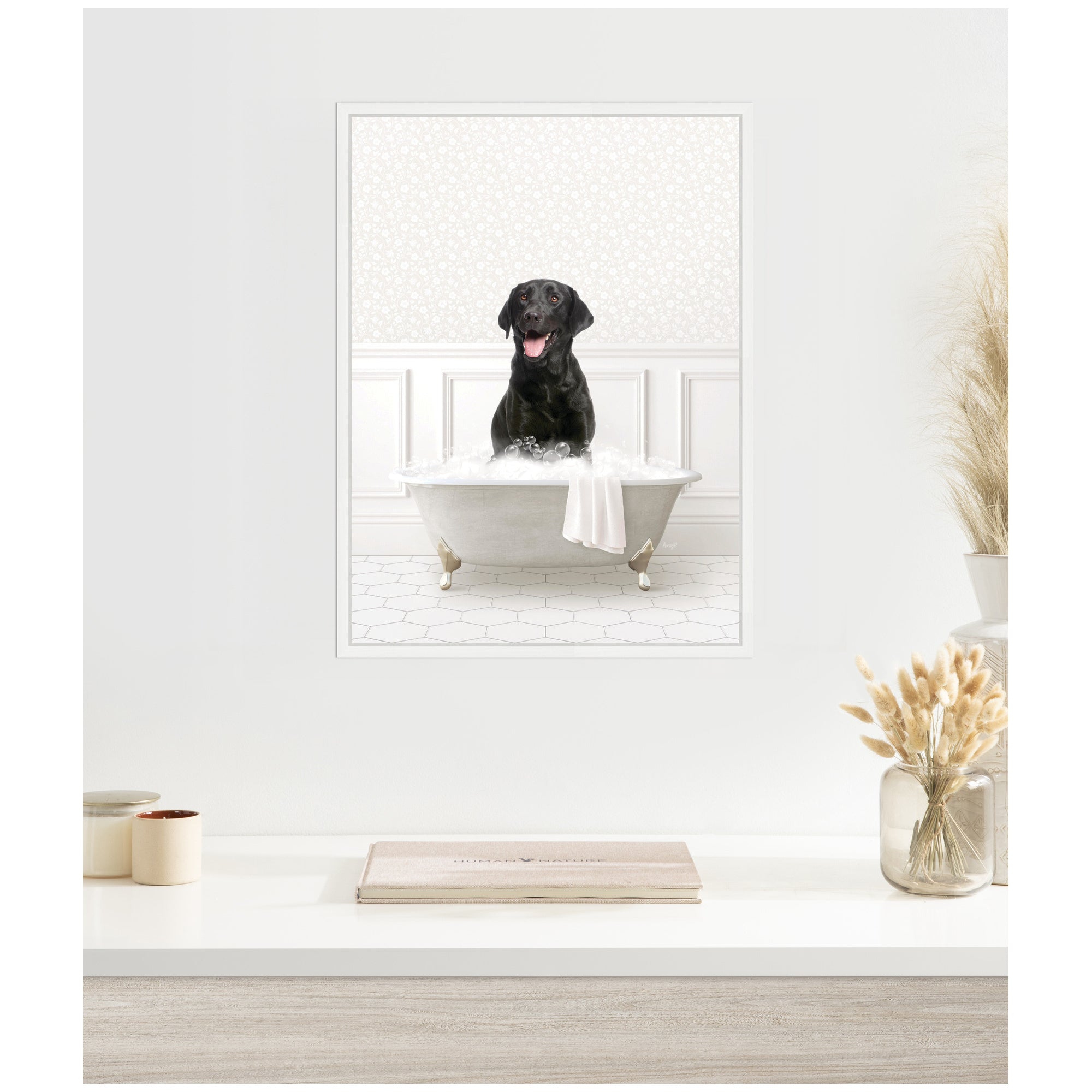 Sylvie Black Lab in White Bathtub Framed Canvas by Amy Peterson