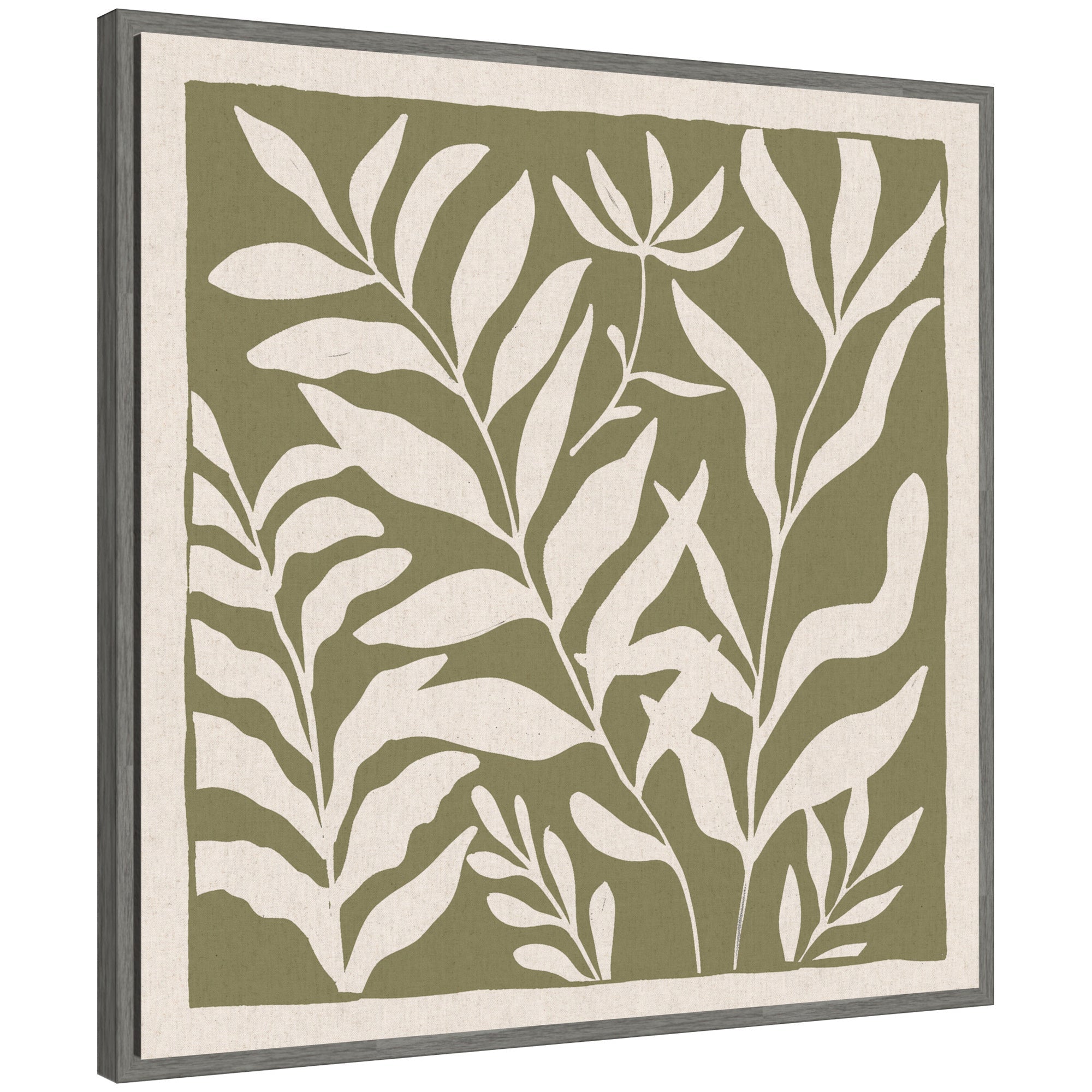 Sylvie Modern Minimalist Botanical Green and Neutral Linen Framed Canvas by The Creative Bunch Studio by kateandlaurel