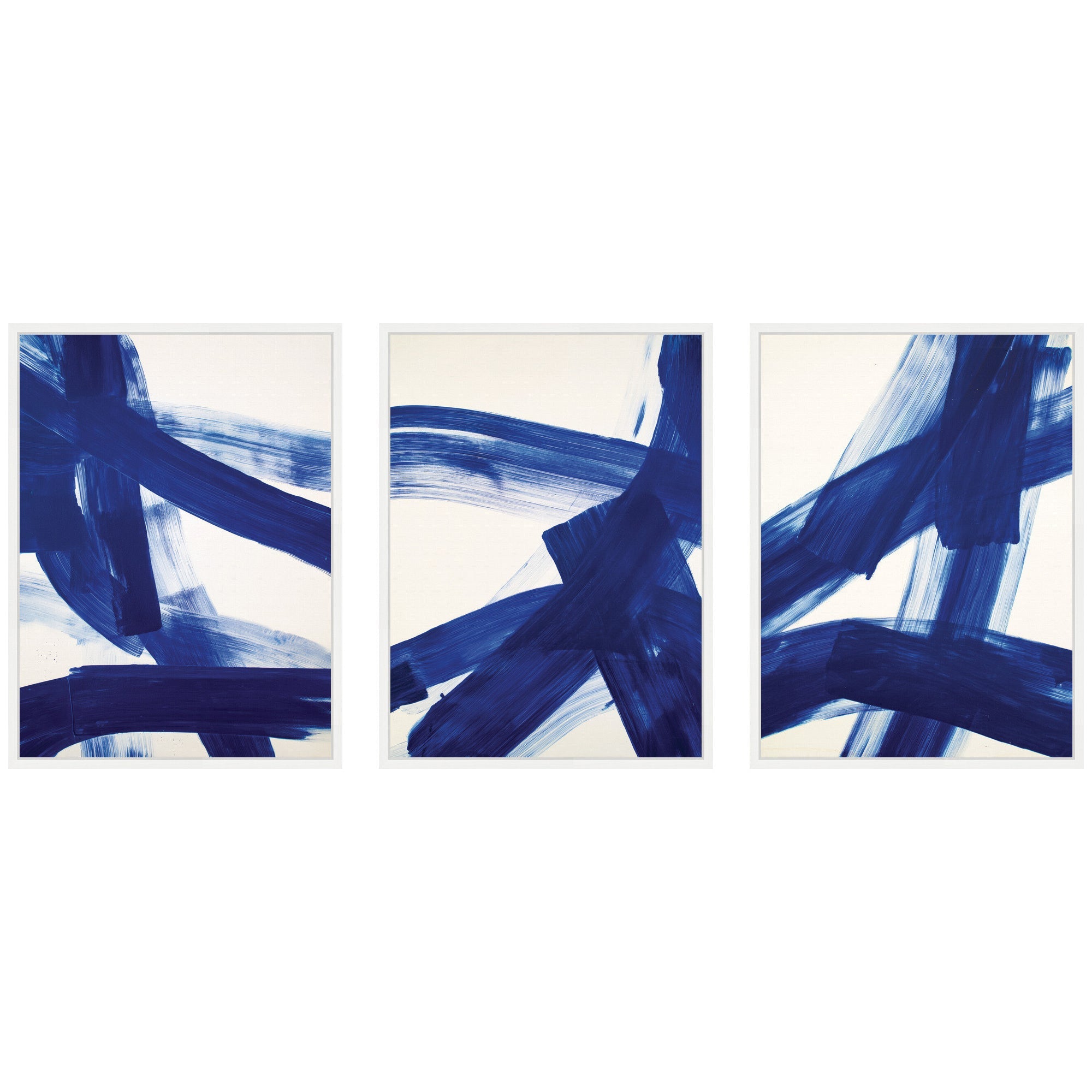 Cobalt Mark No.
1, No.
2, & No.
3 three-piece framed canvas wall art set displayed in a modern interior