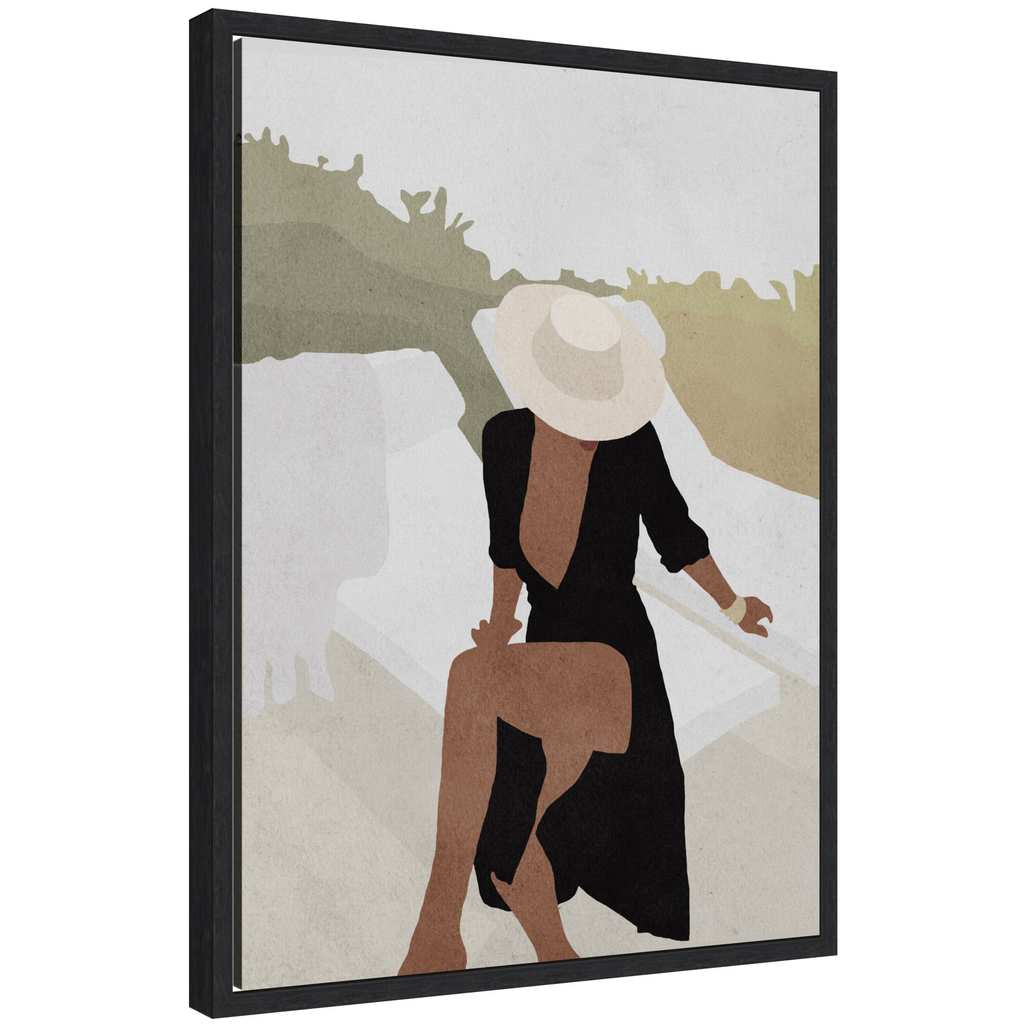 Sylvie Elegant Woman in Hat framed canvas art by July Art Prints showing a woman wearing a hat, in black and white tones, displayed on a white wall