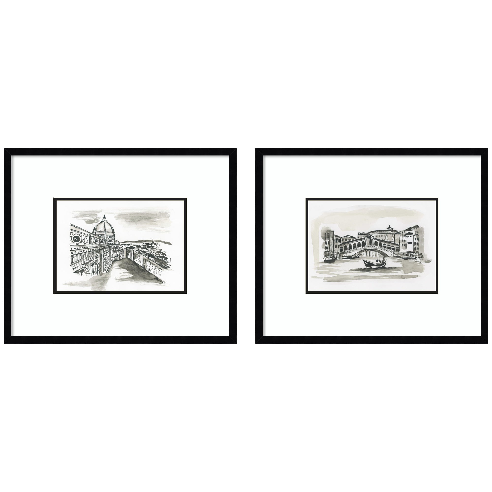Vintage Postcard Florence & Venice 2 Piece Framed Wall Art Print Set displayed on a wall