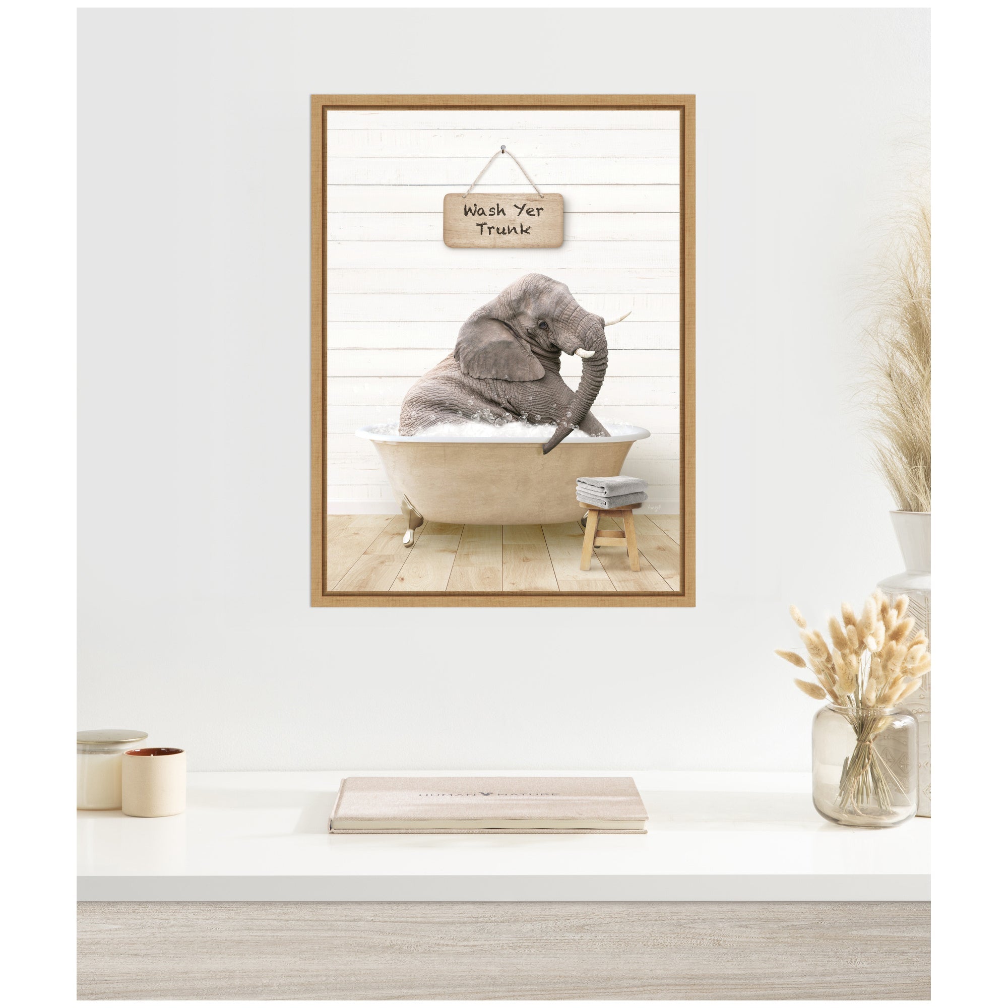 Sylvie Young Elephant in Modern Bathtub Wash Your Trunk Framed Canvas by Amy Peterson