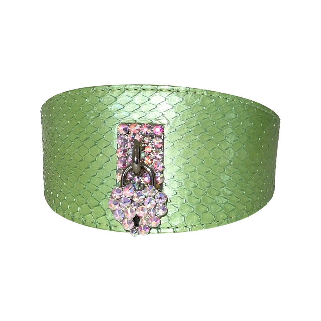 Love Collection. Sea Anemone Pearl Green Snake Wide Style Collar With Custom Swarovski Crystal Heart Locket