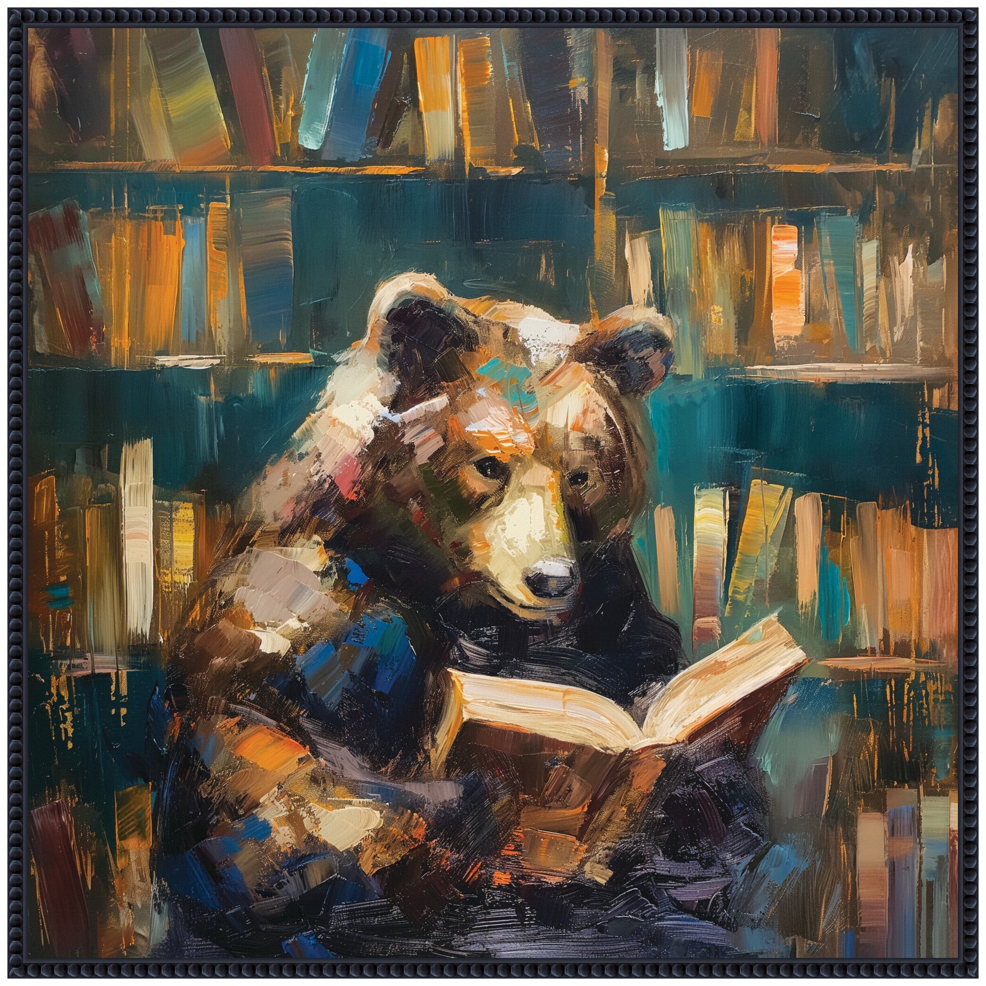 Sylvie Traditional Bear Reading in Library Framed Canvas by The Creative Bunch Studio