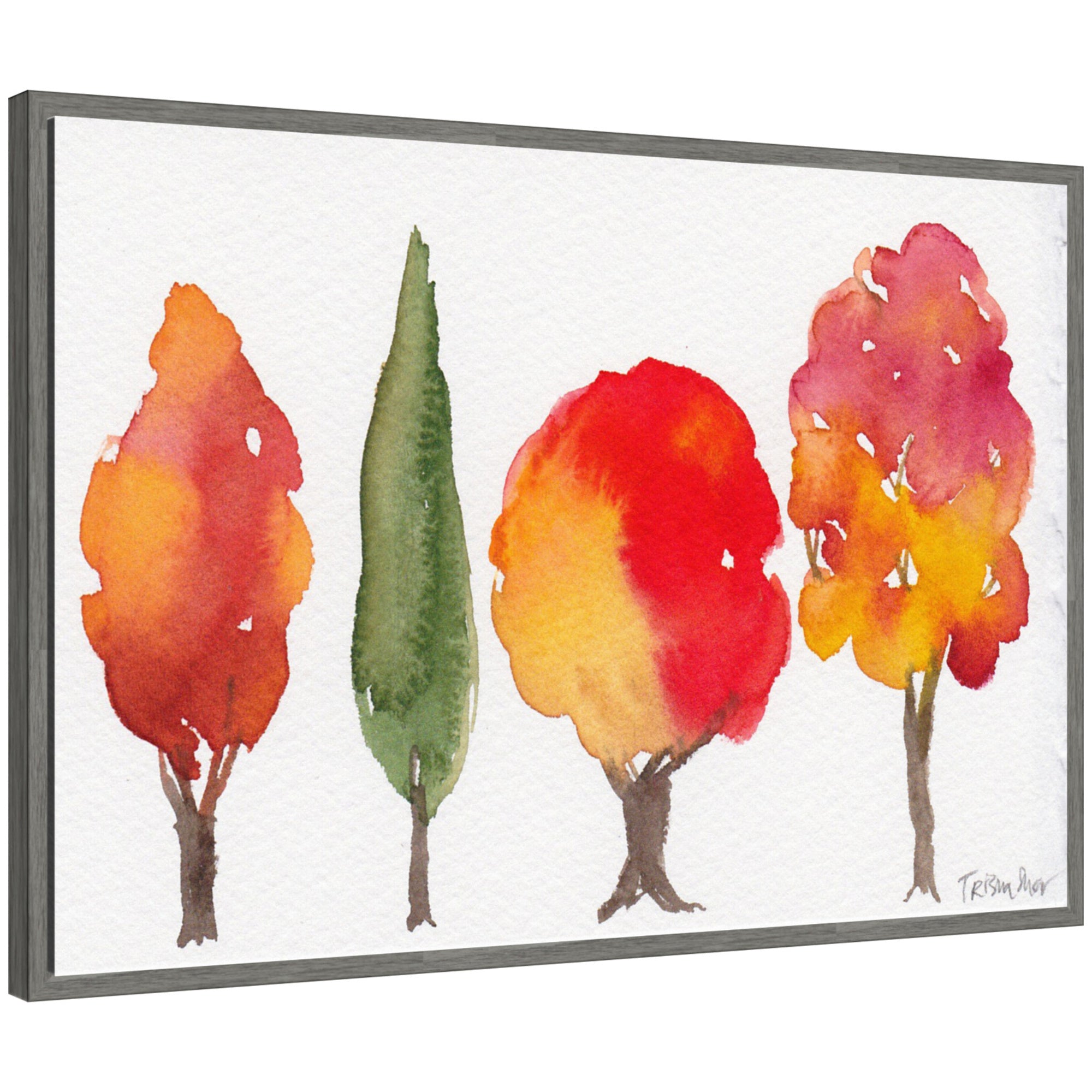 Framed watercolor canvas depicting four fall trees with autumn foliage in soft tones