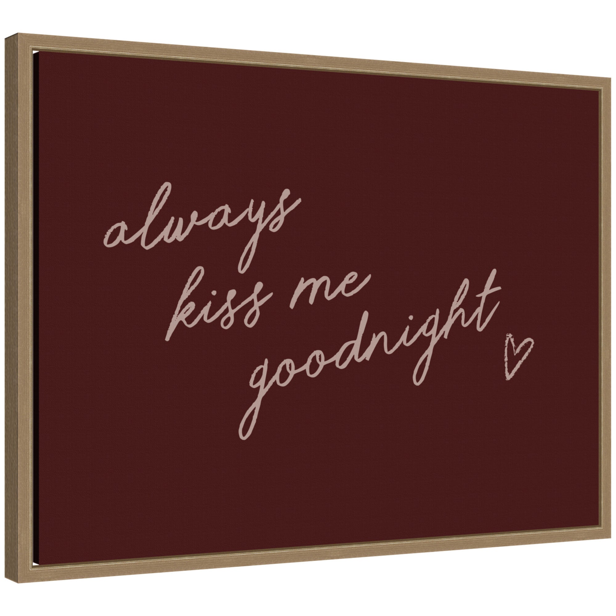 Always Kiss Me Goodnight framed canvas wall art print by Lucky Guava showing a dark gold contemporary frame and intimate design