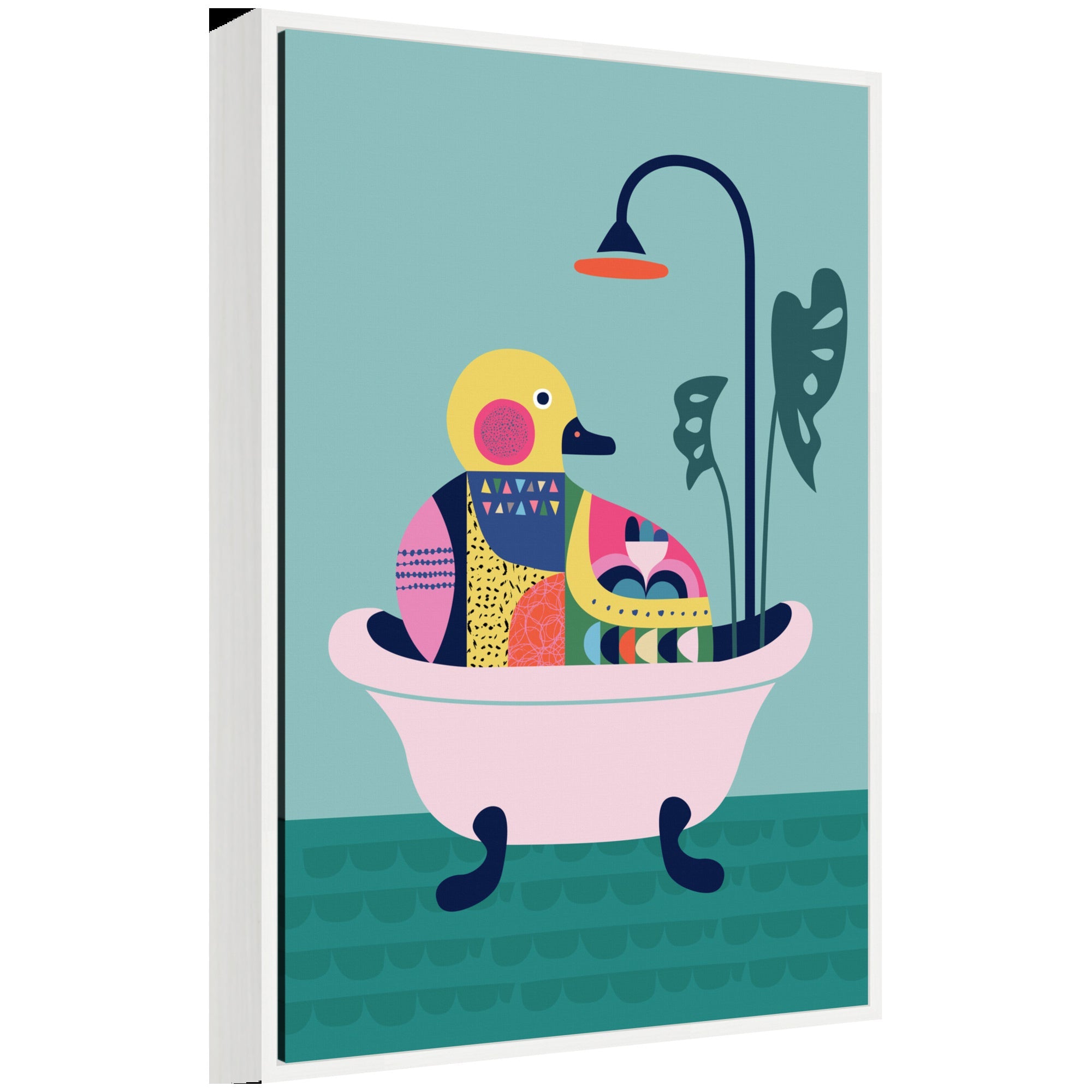 Framed canvas art showing a modern teal duckie sitting in a bathtub on a gray background
