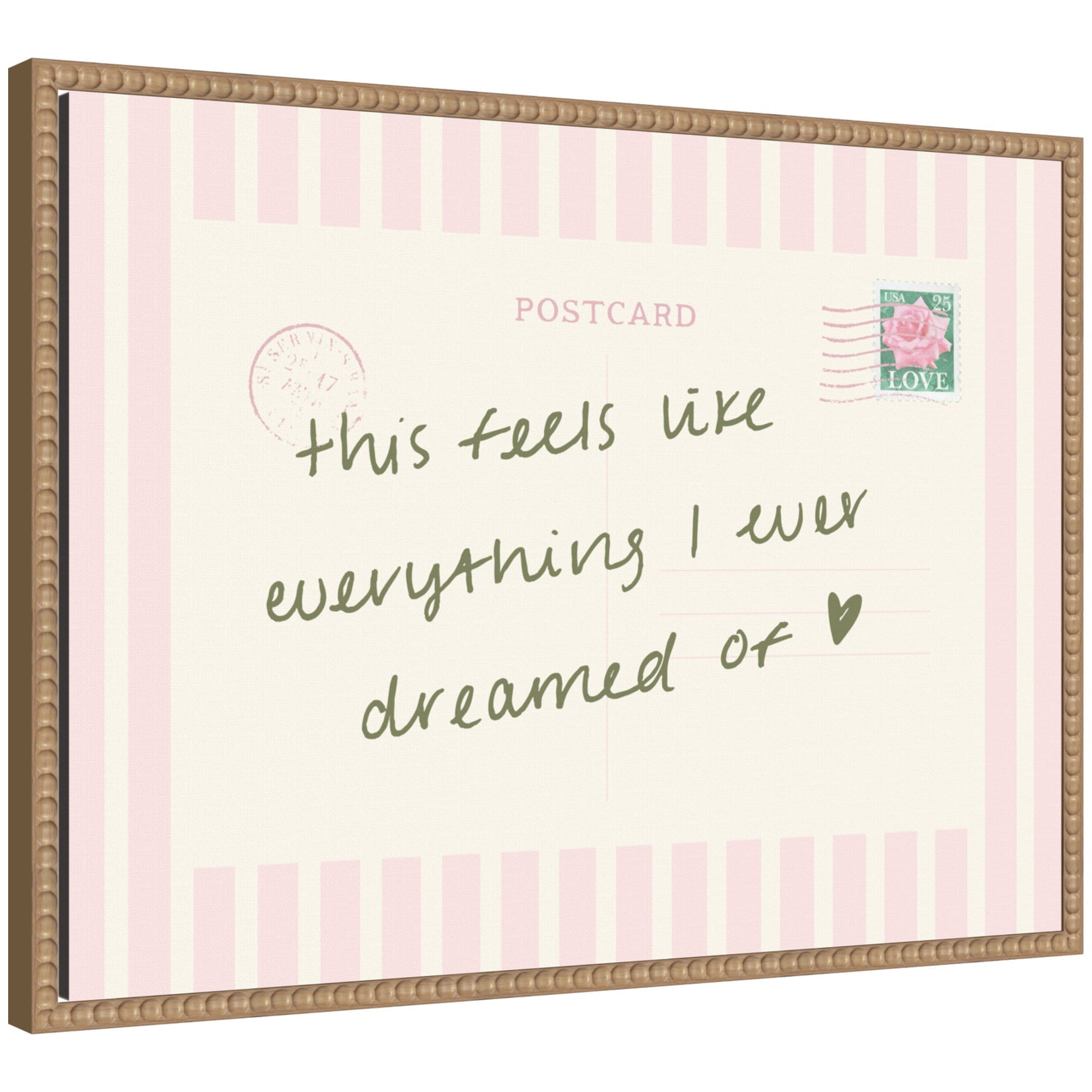 Framed canvas wall art featuring vintage postcard print with pink stripes titled Travel Dream by Lucky Guava