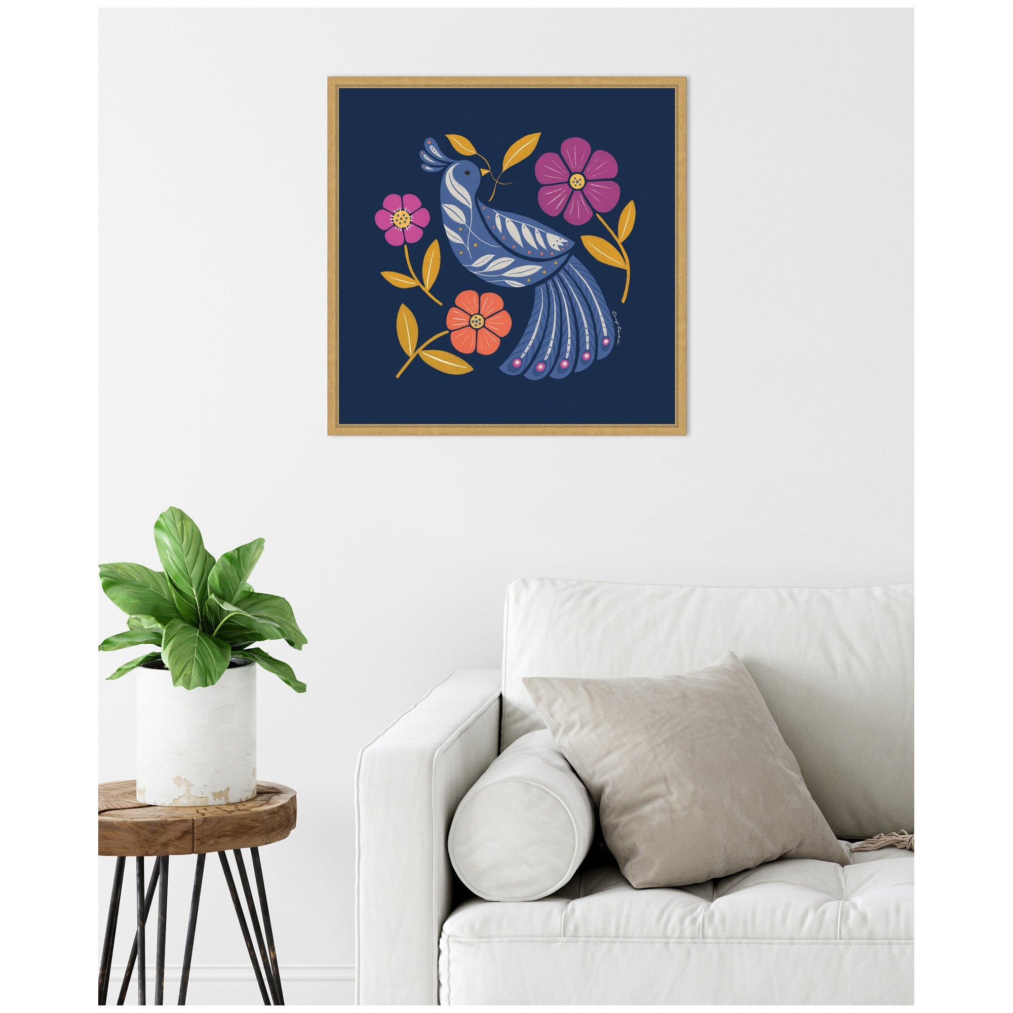 Sylvie Boho Folk Art Bird Blue and Gold Framed Canvas by Carey Copeland
