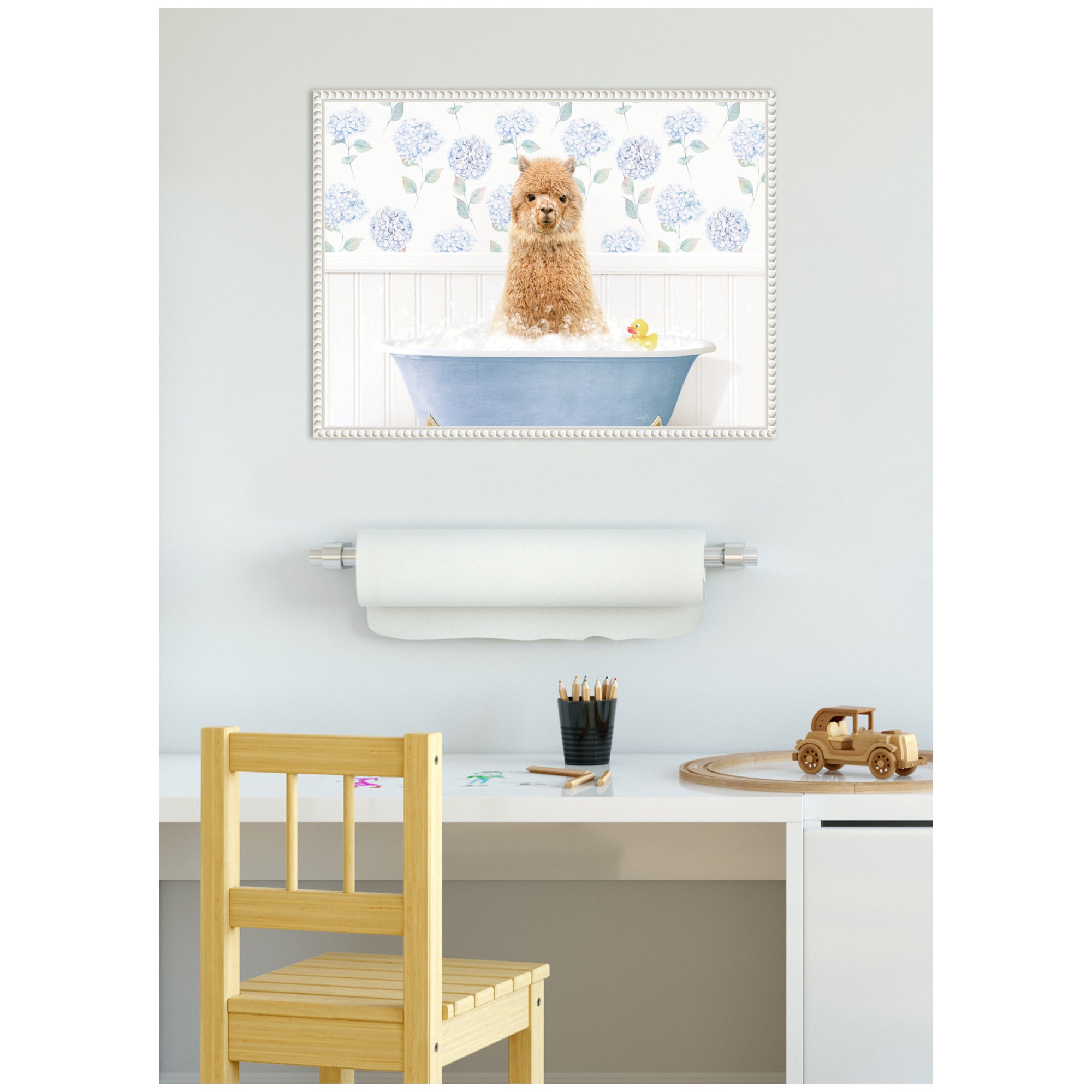 Sylvie Baby Alpaca in Hydrangea Bubble Bathtub Framed Canvas by Amy Peterson