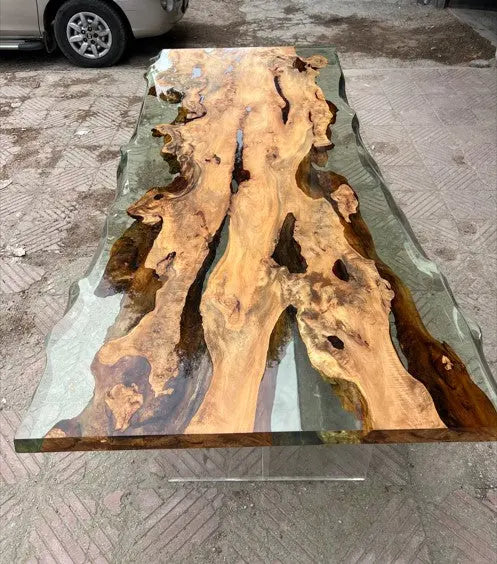 Solid linden wood dining table with natural epoxy resin finish and customizable wooden legs