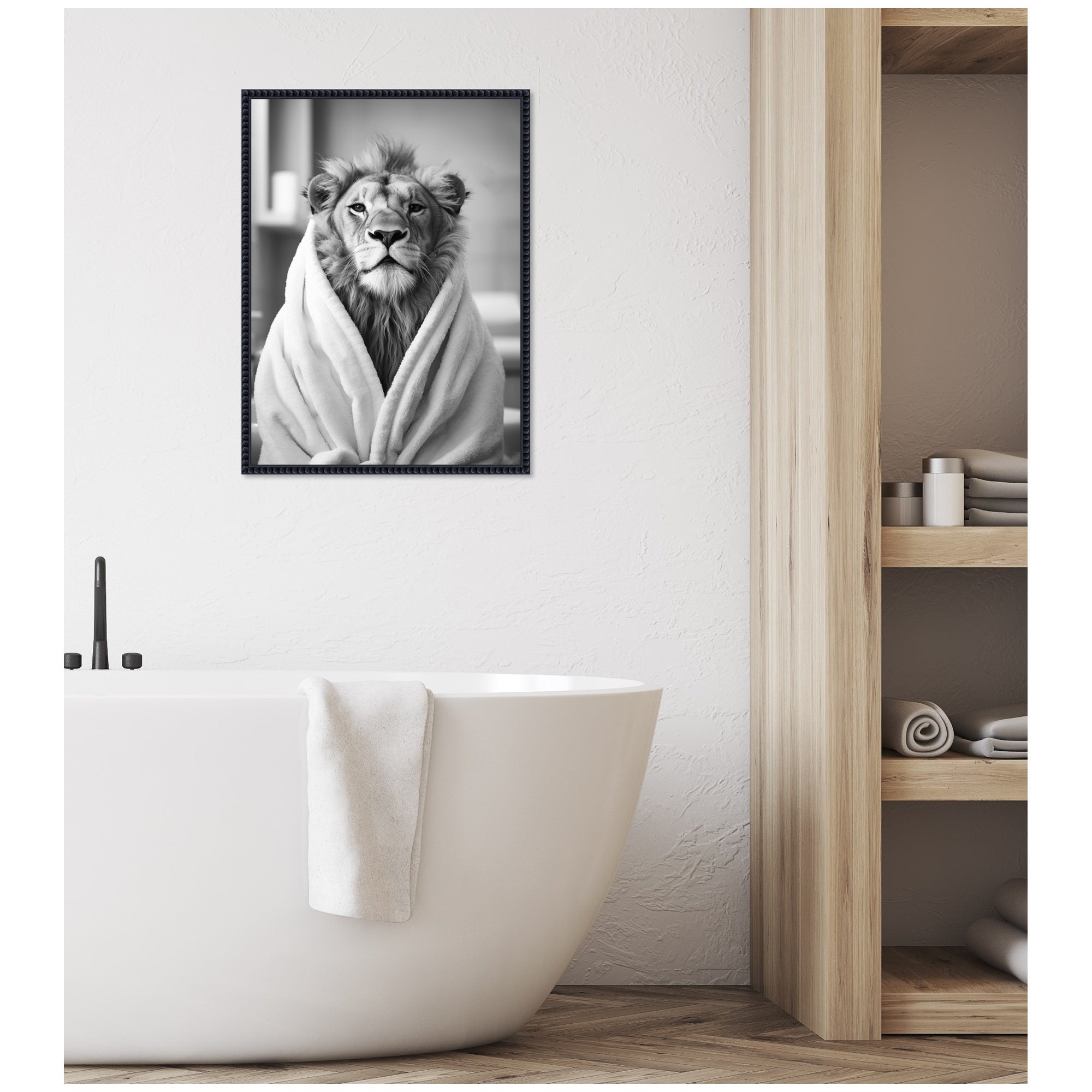 Sylvie Lion Bathroom Art Towel Robe Black and White Framed Canvas