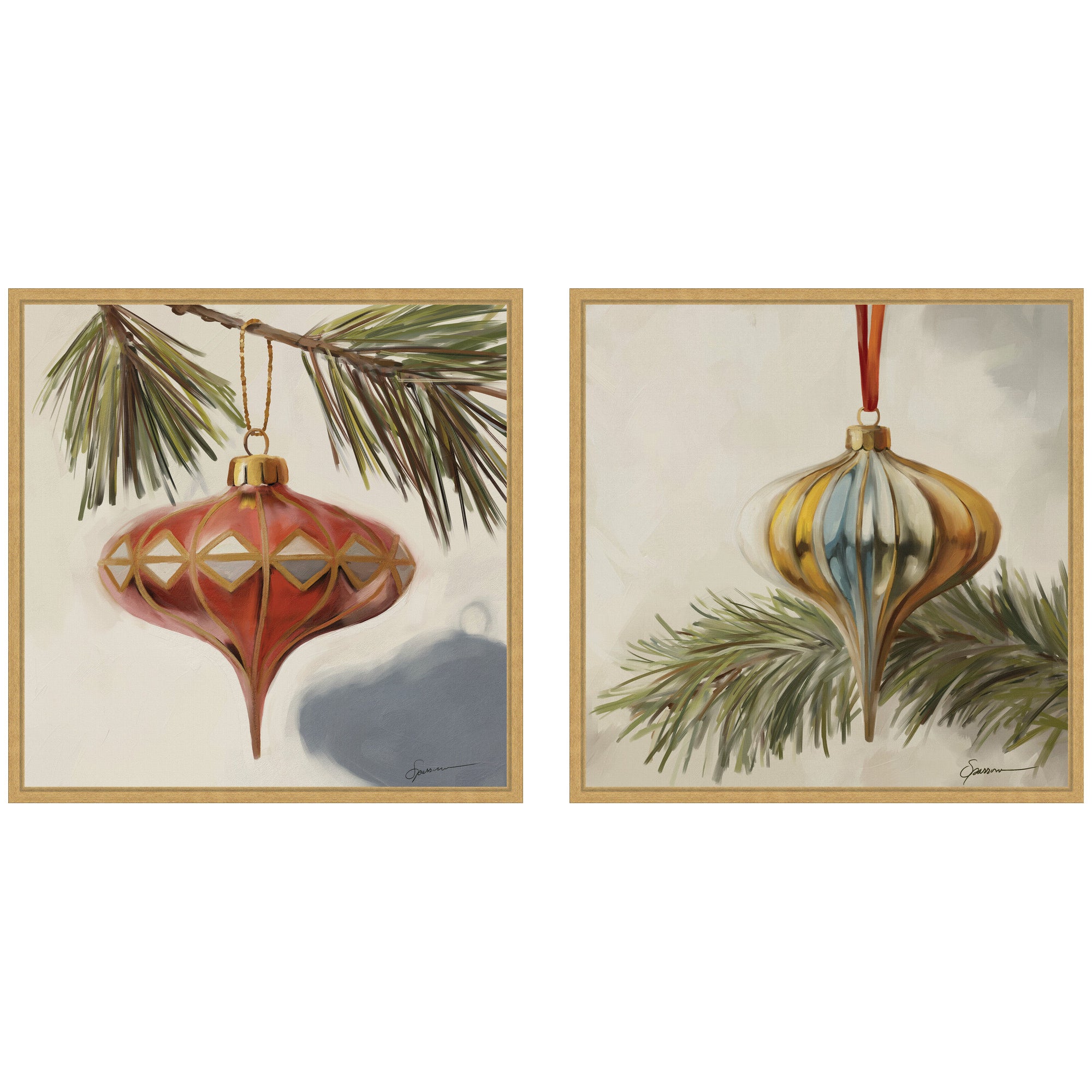 Nostalgic Holiday 2 Piece Framed Canvas Wall Art Set showing festive seasonal imagery with neutral frame