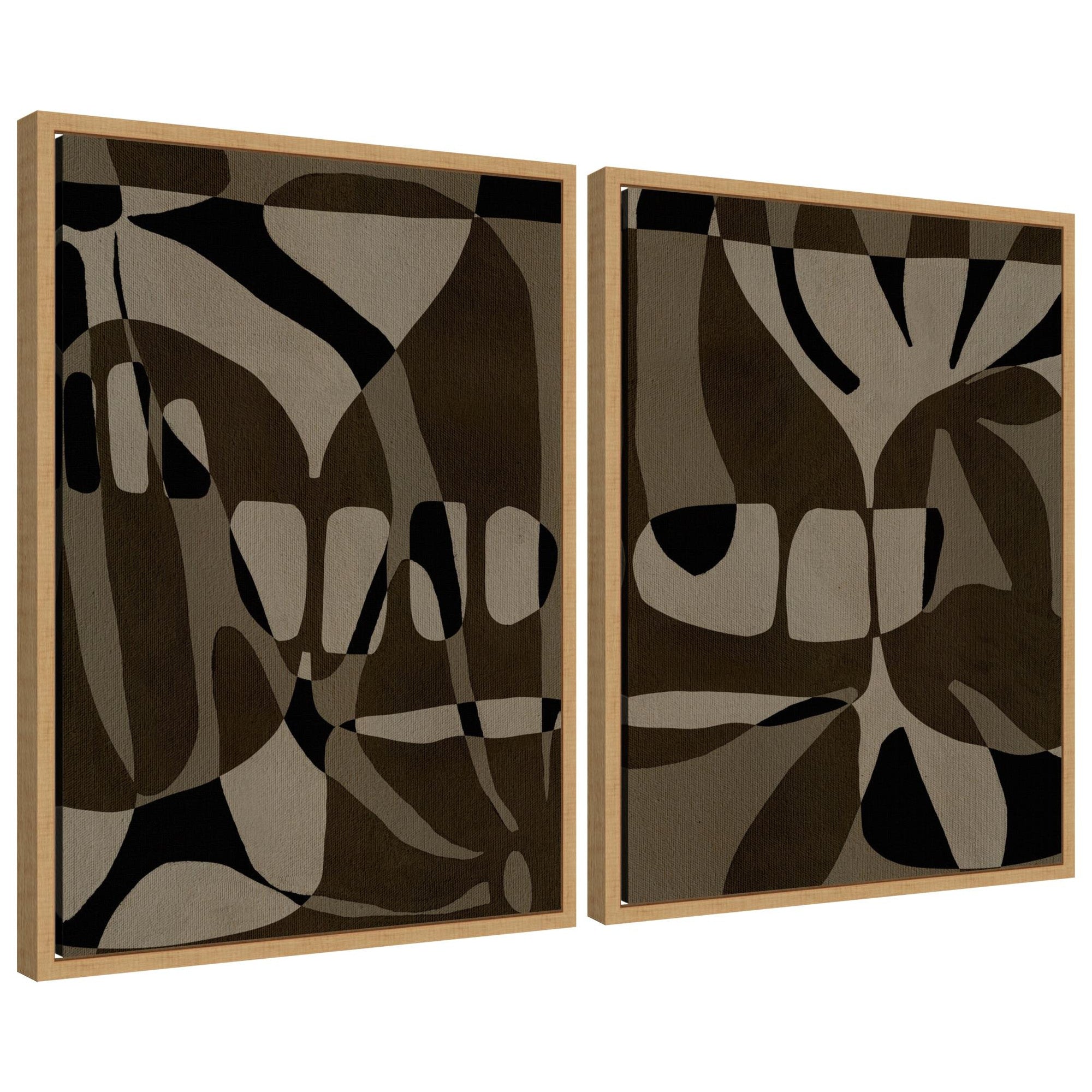 Sylvie Contour 1 and 2 framed canvas art set showing abstract black and white forms with a floating polystyrene frame in natural color