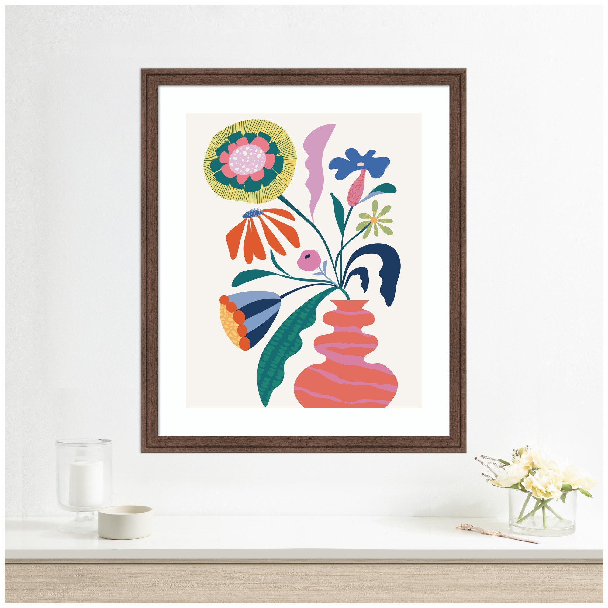 Framed Art Retro Whimsical Floral vase by Rachel Lee