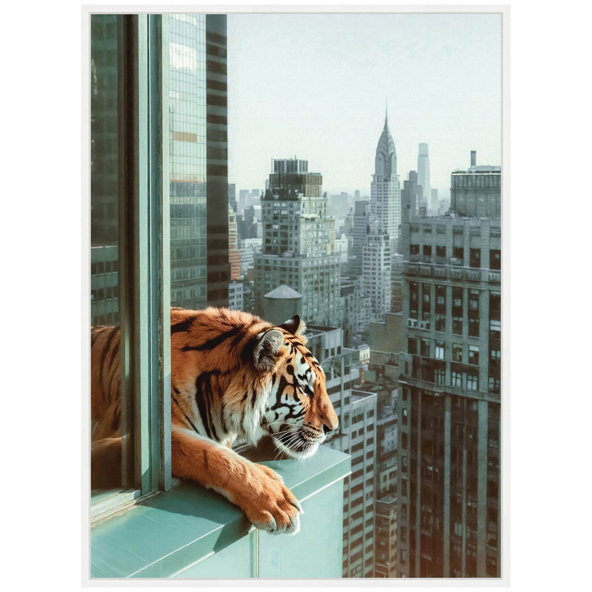 Sylvie Urban Tiger Overlooking Manhattan Framed Canvas by Michael Schauer
