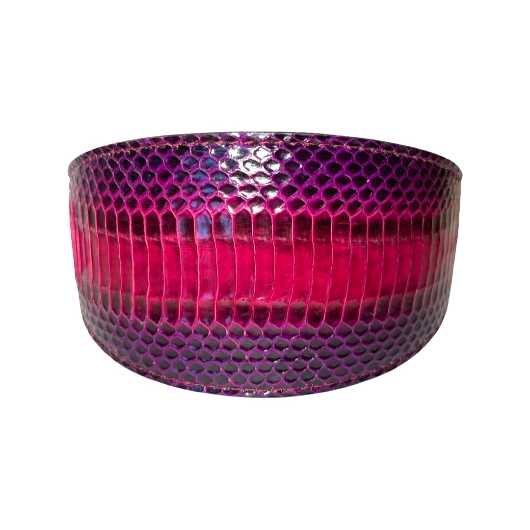Ruby Red & Purple Snake 3” Wide Style Collar with gold hardware on a neutral backdrop