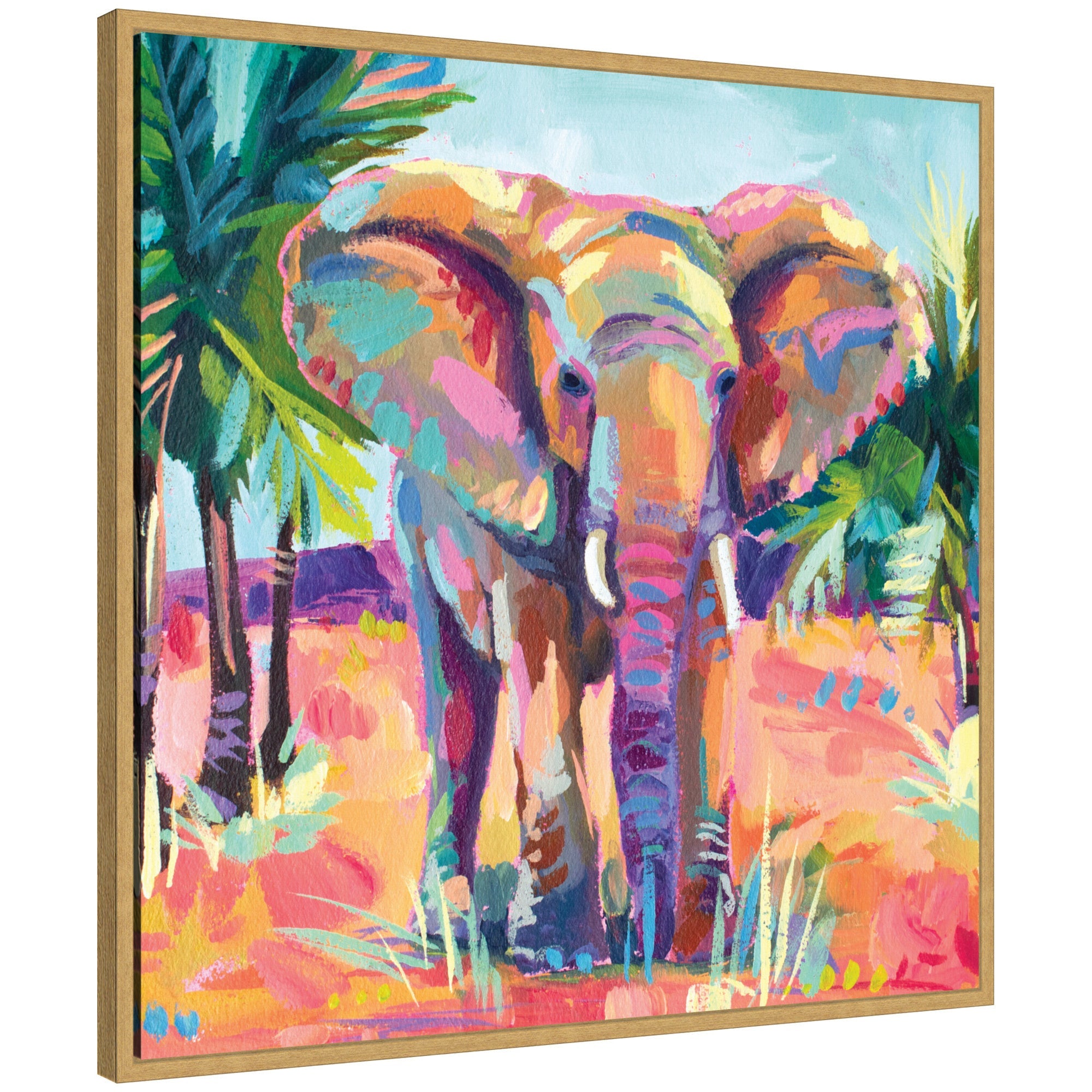 Abstract orange African elephant printed on a gallery-wrapped canvas with a bright gold floating frame