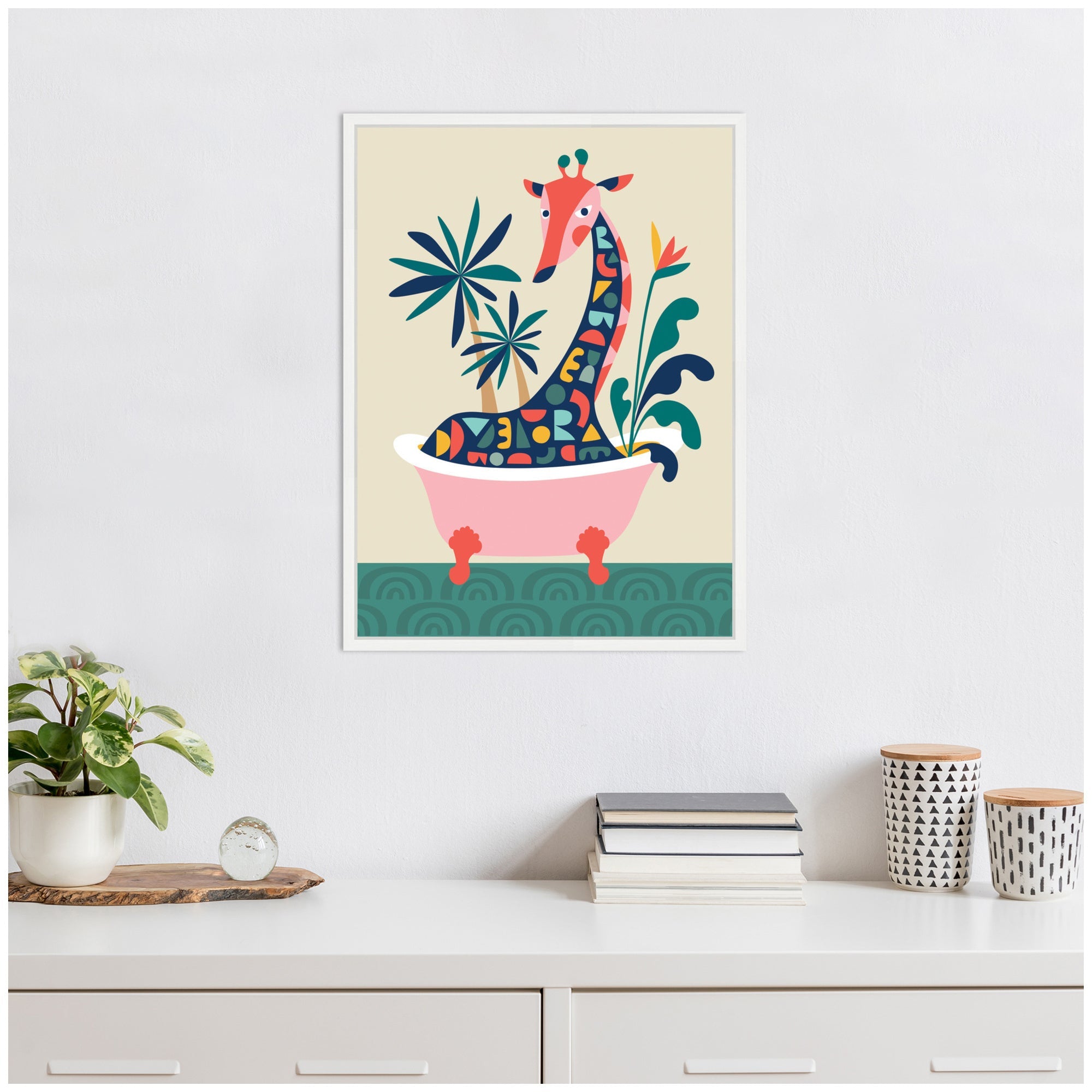 Sylvie MCM Giraffe in Bathtub Framed Canvas by Rachel Lee