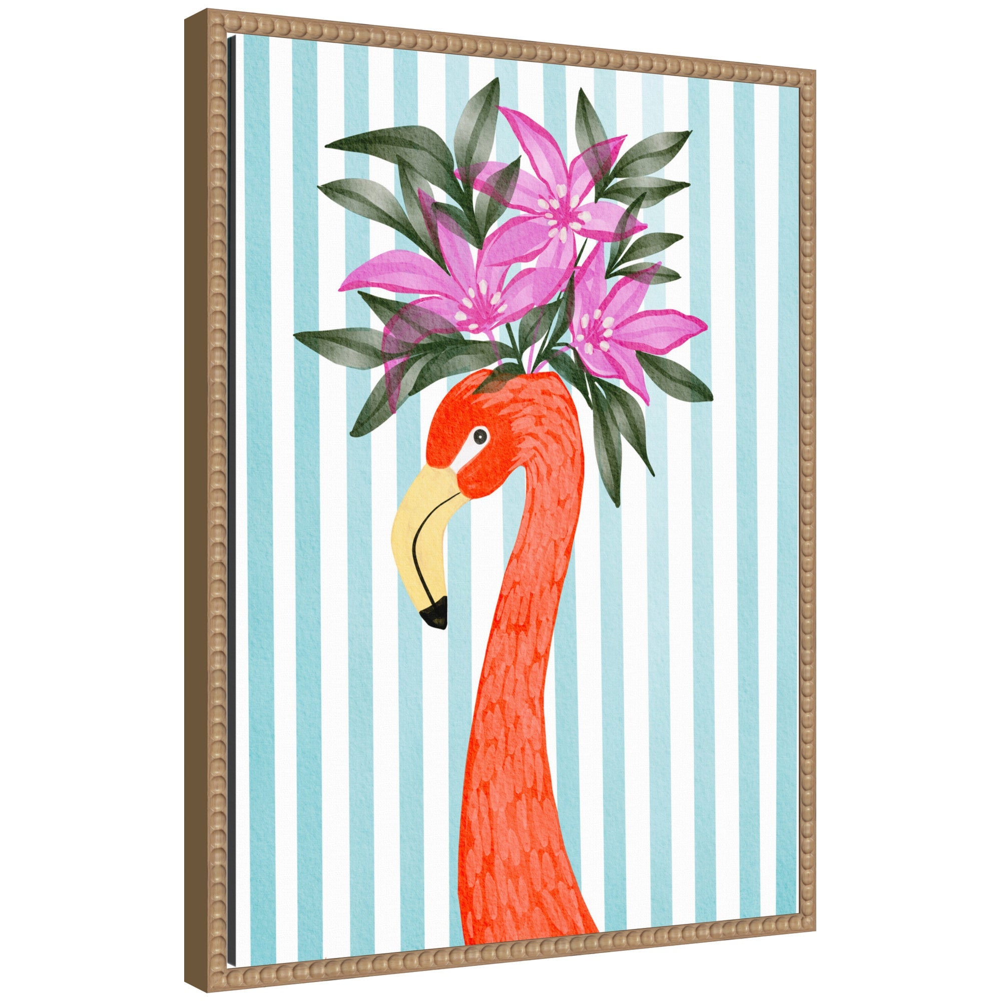 Sylvie Flamingo art printed on framed canvas showing a flamingo with a vintage beaded frame