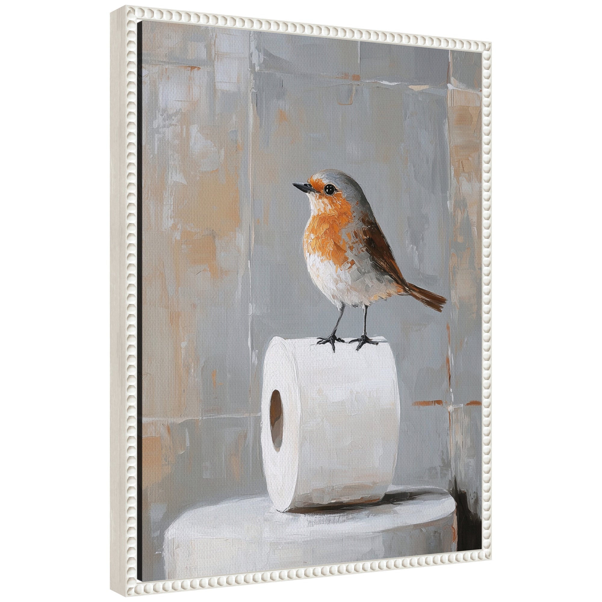 Framed canvas art of Sylvie bird standing on a toilet paper roll, displayed in a bathroom setting.