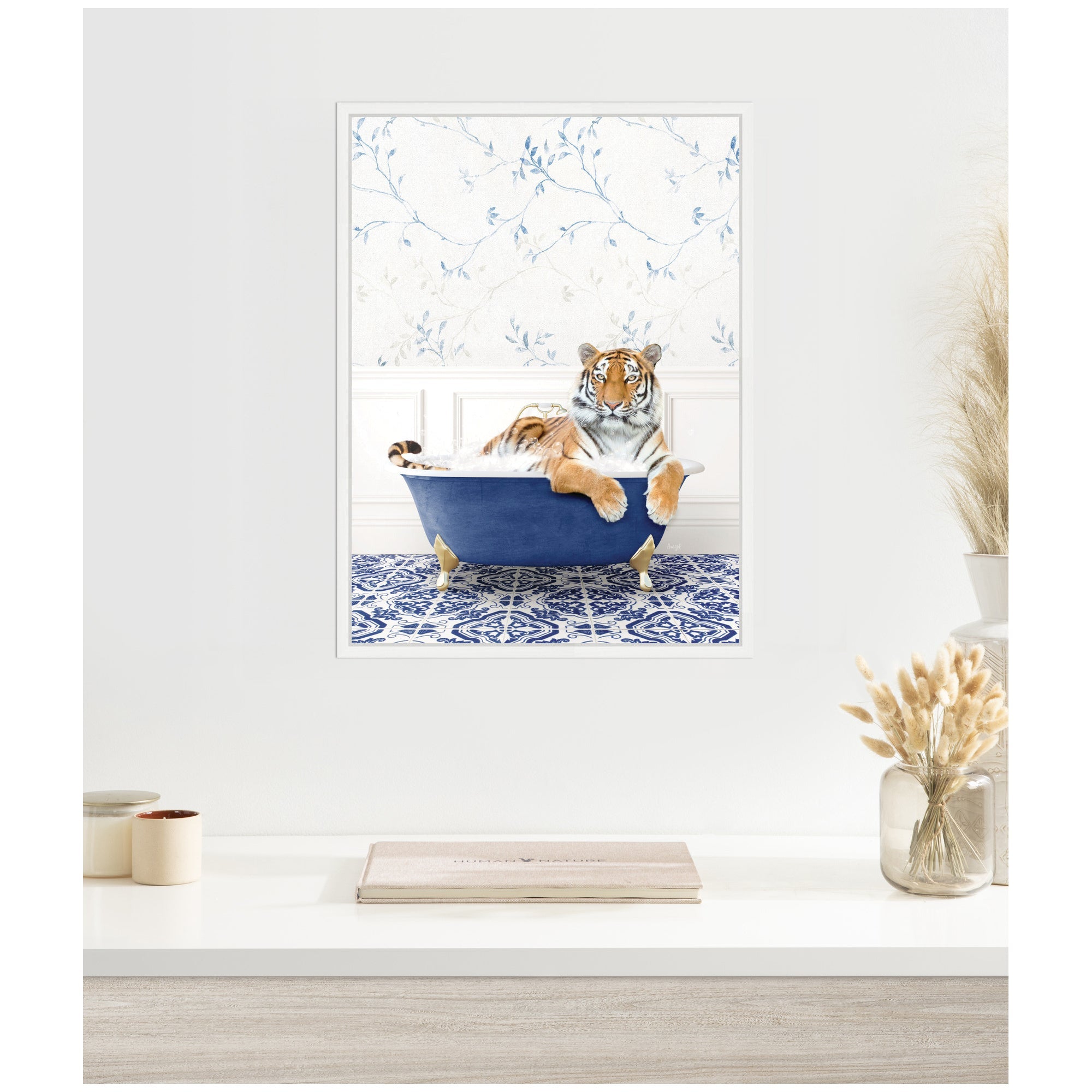 Sylvie Tiger in Eclectic Blue Bathtub Framed Canvas by Amy Peterson