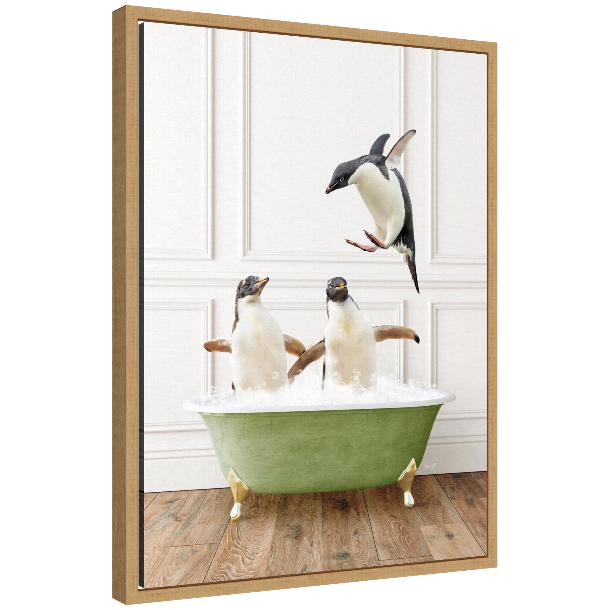 Sylvie Penguins in Transitional Bathtub framed canvas art by Amy Peterson showing penguins inside a bathtub with patterned floor and wall