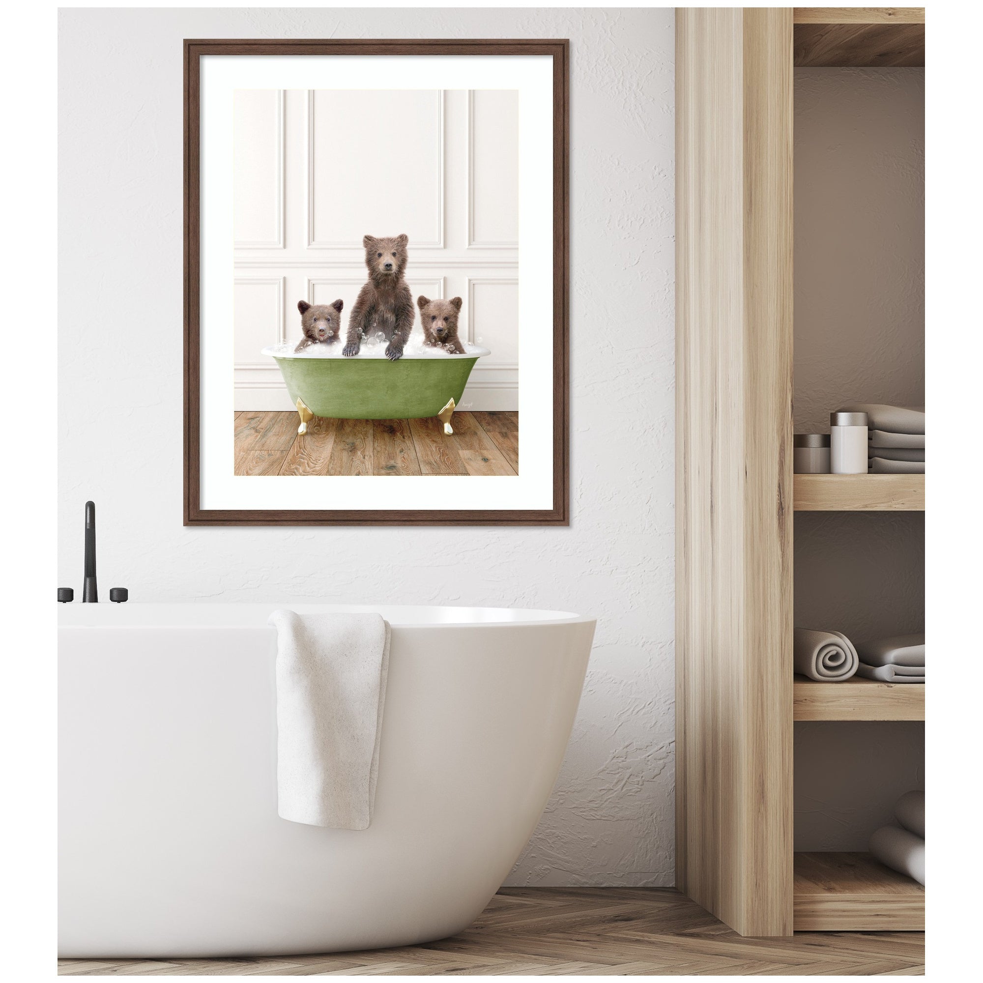 Three Bear Cubs in Transitional Bathtub by Amy Peterson Framed Wall Art Print