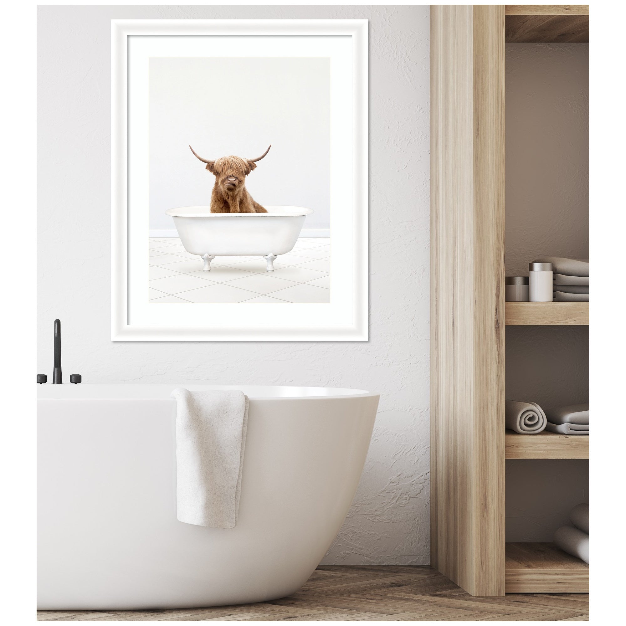 Highland Cow Solo Bathtub by Amy Peterson Framed Wall Art Print
