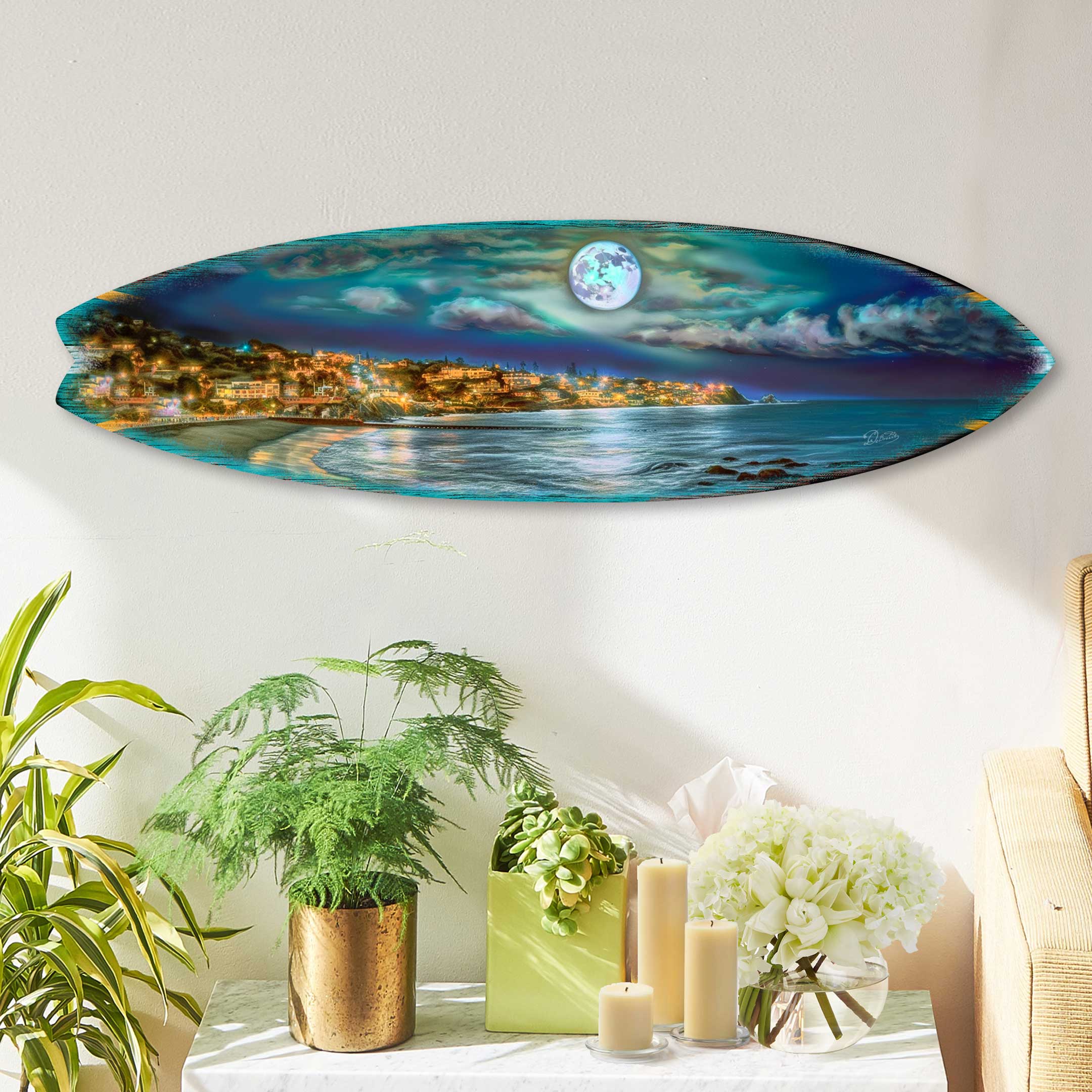 Surfboard Coastal Wall Art - Full Moon Night Wall Art by G. DeBrekht