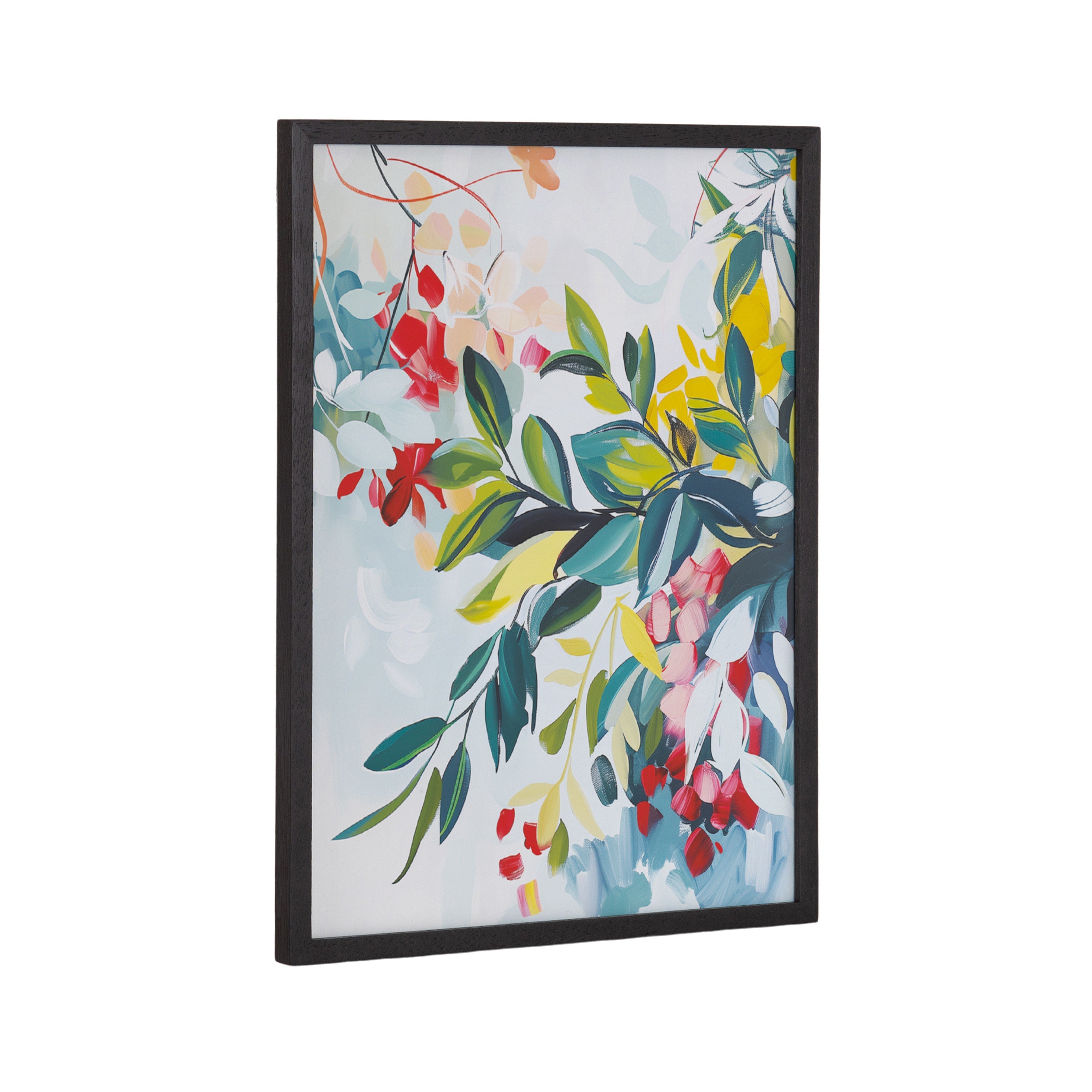 Gallery Jewel Tone Botanical Abstract Print framed in black solid wood on a white wall