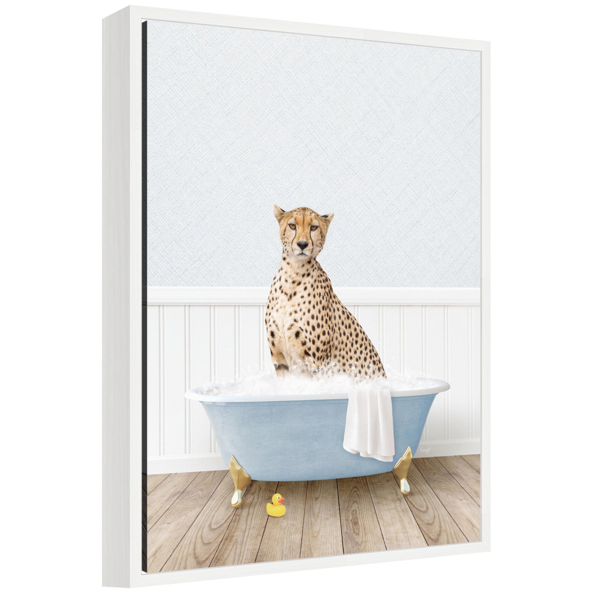 Framed floating canvas art depicting Sylvie Cheetah in a blue bathtub, by Amy Peterson