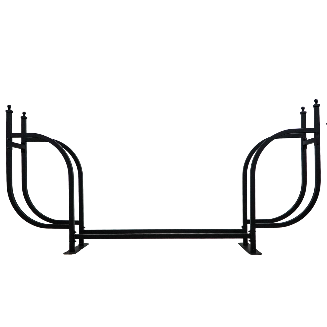 Woodhaven 9 ft Courtyard Firewood Rack with seasoning cover holding stacked firewood outdoors