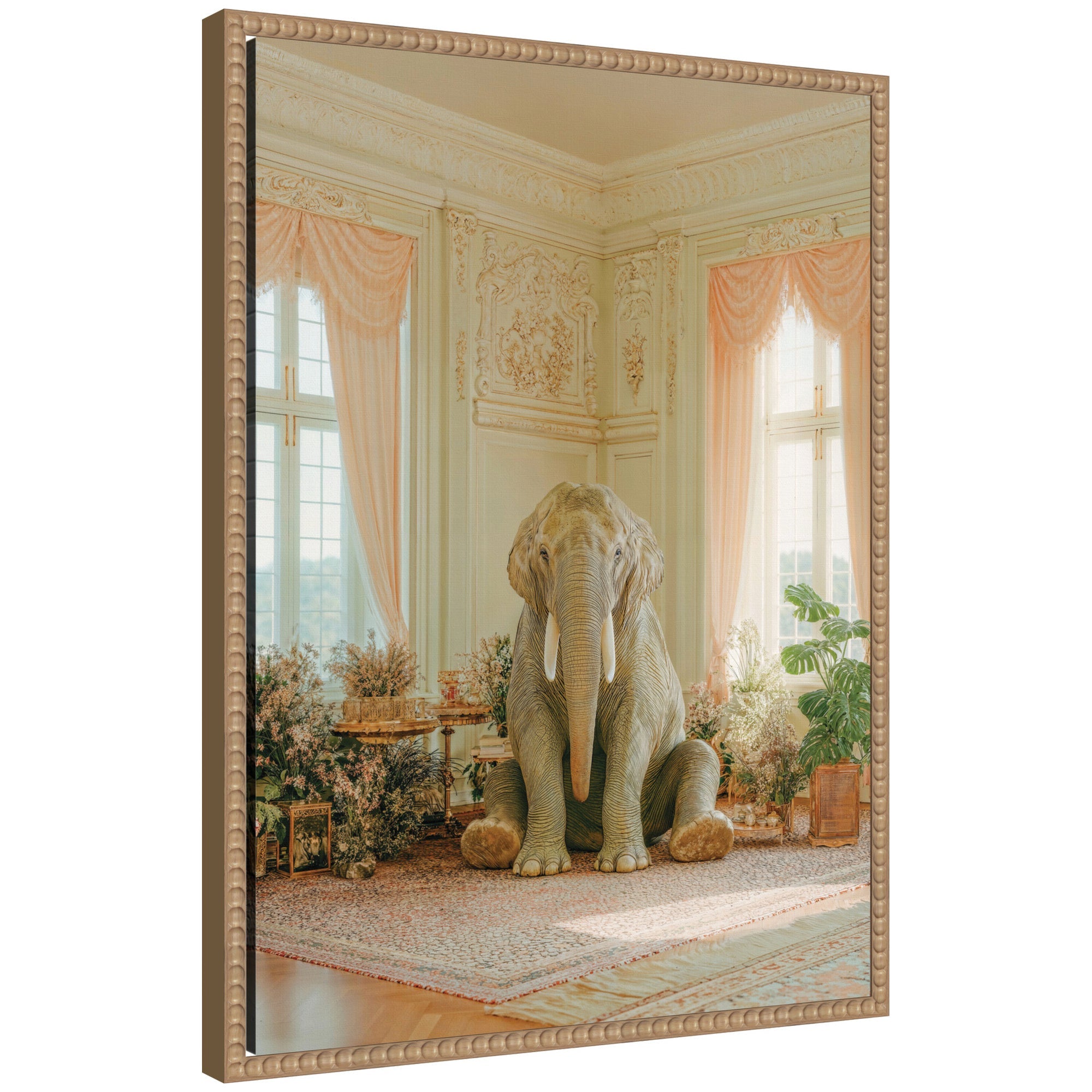 Framed canvas wall art print titled 'Lazy Elephant Sitting in His Room' showing an illustrated elephant seated in a rustic room, surrounded by muted colors in a Sylvie Beaded Rustic Natural frame.