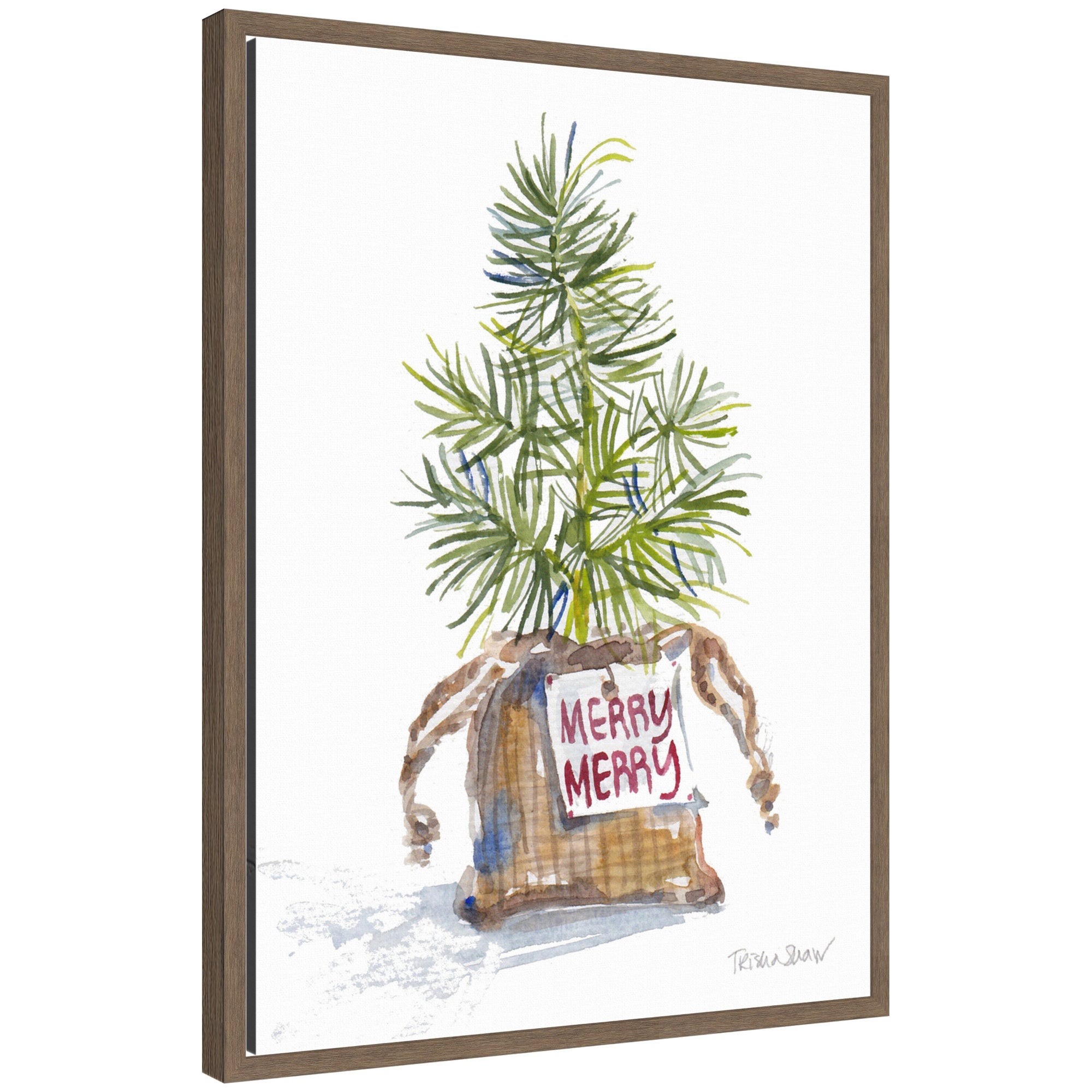 Framed canvas artwork showing watercolor small Christmas tree in burlap sack labeled 'Merry Merry'