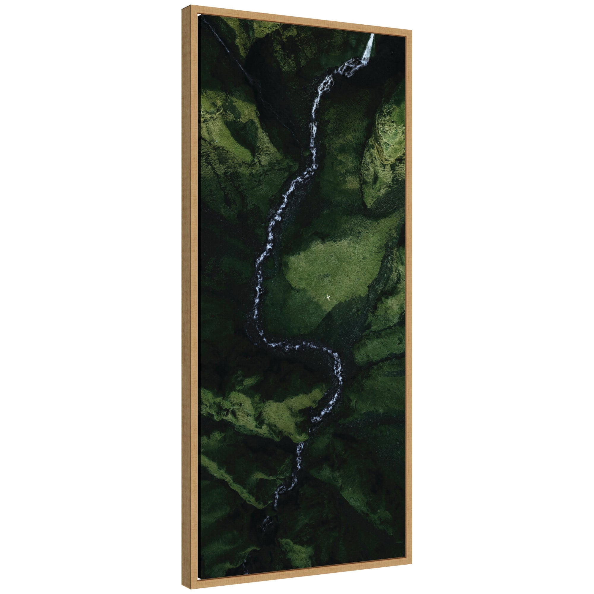 Framed canvas art showing an aerial view of a winding river running through a lush green valley in Iceland.