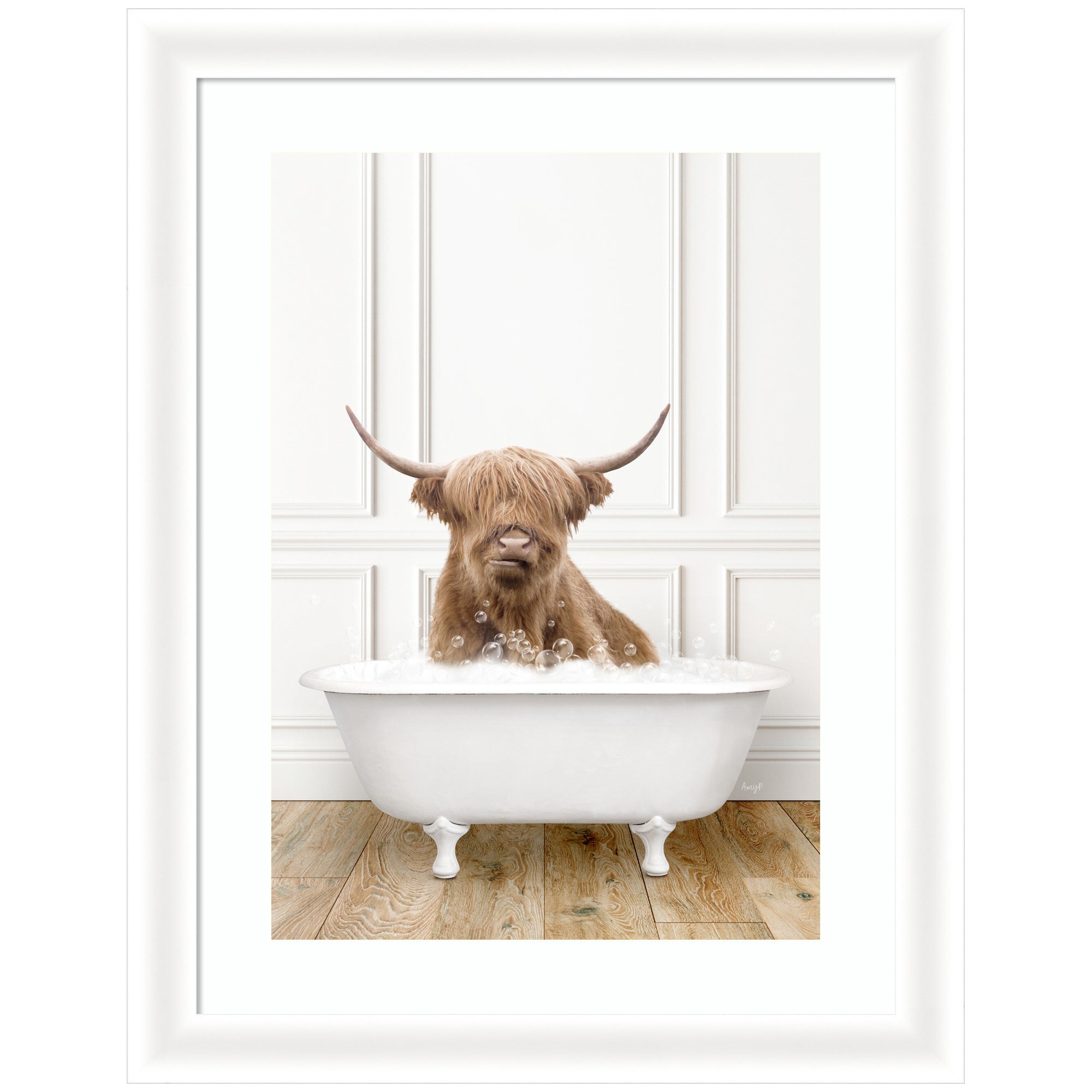 Framed wall art print showing a highland cow standing in a traditional vintage bathtub