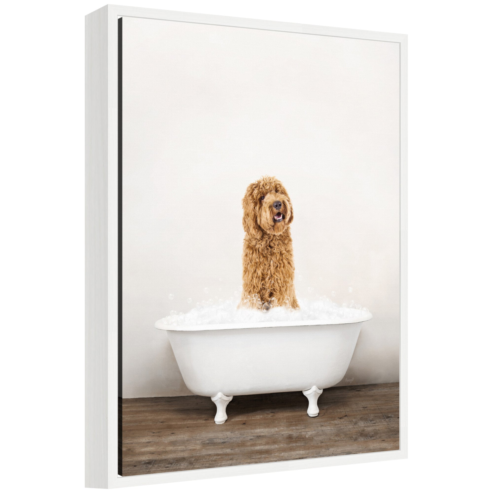 Framed canvas art of a golden Labradoodle in a rustic bath style setting