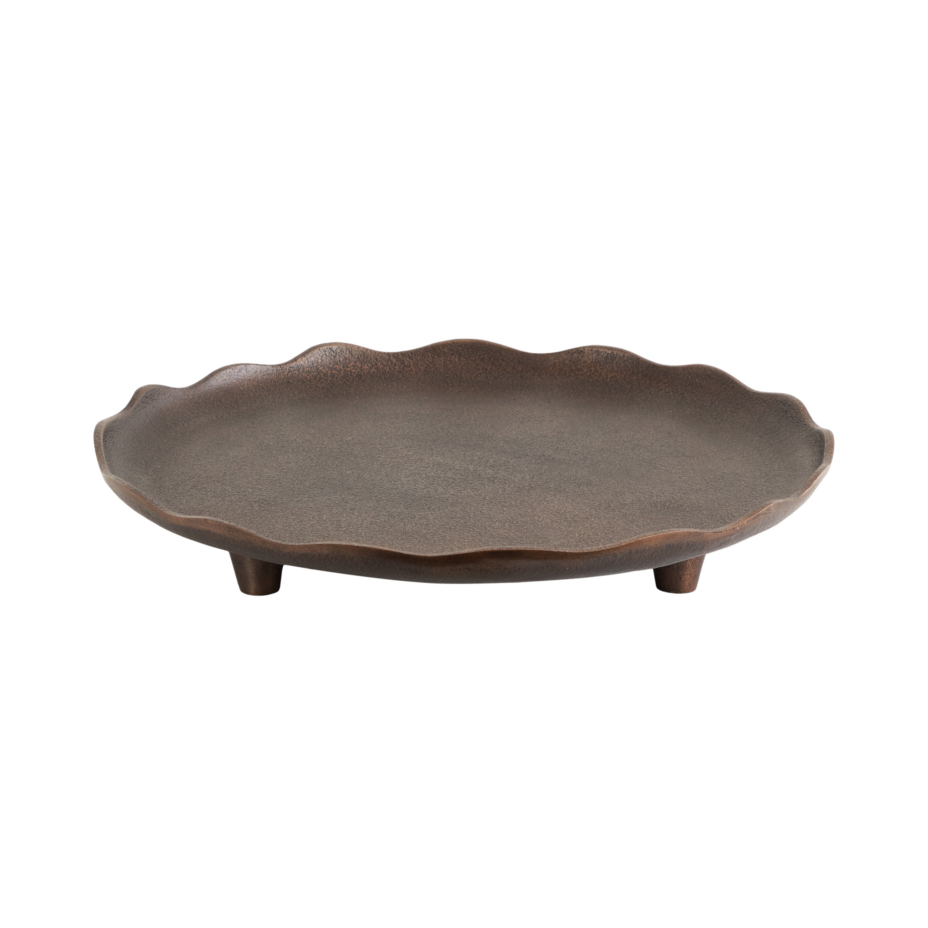 Alessia Decorative Tray in bronze finish displaying its textured surface and deckled edge on a wooden table.